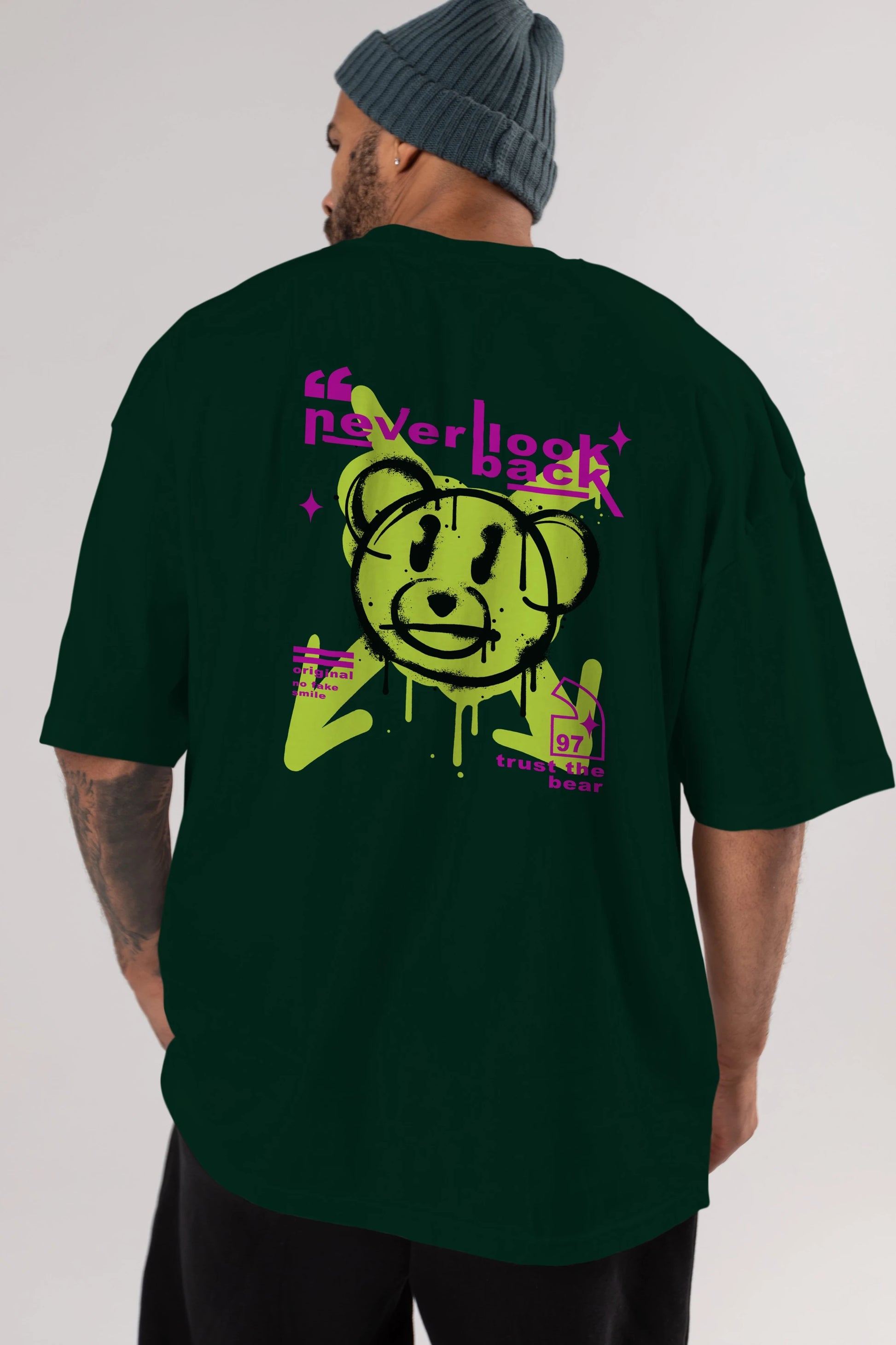 Never Look Back Bear Arka Baskılı Oversize t-shirt Erkek Kadın Unisex
