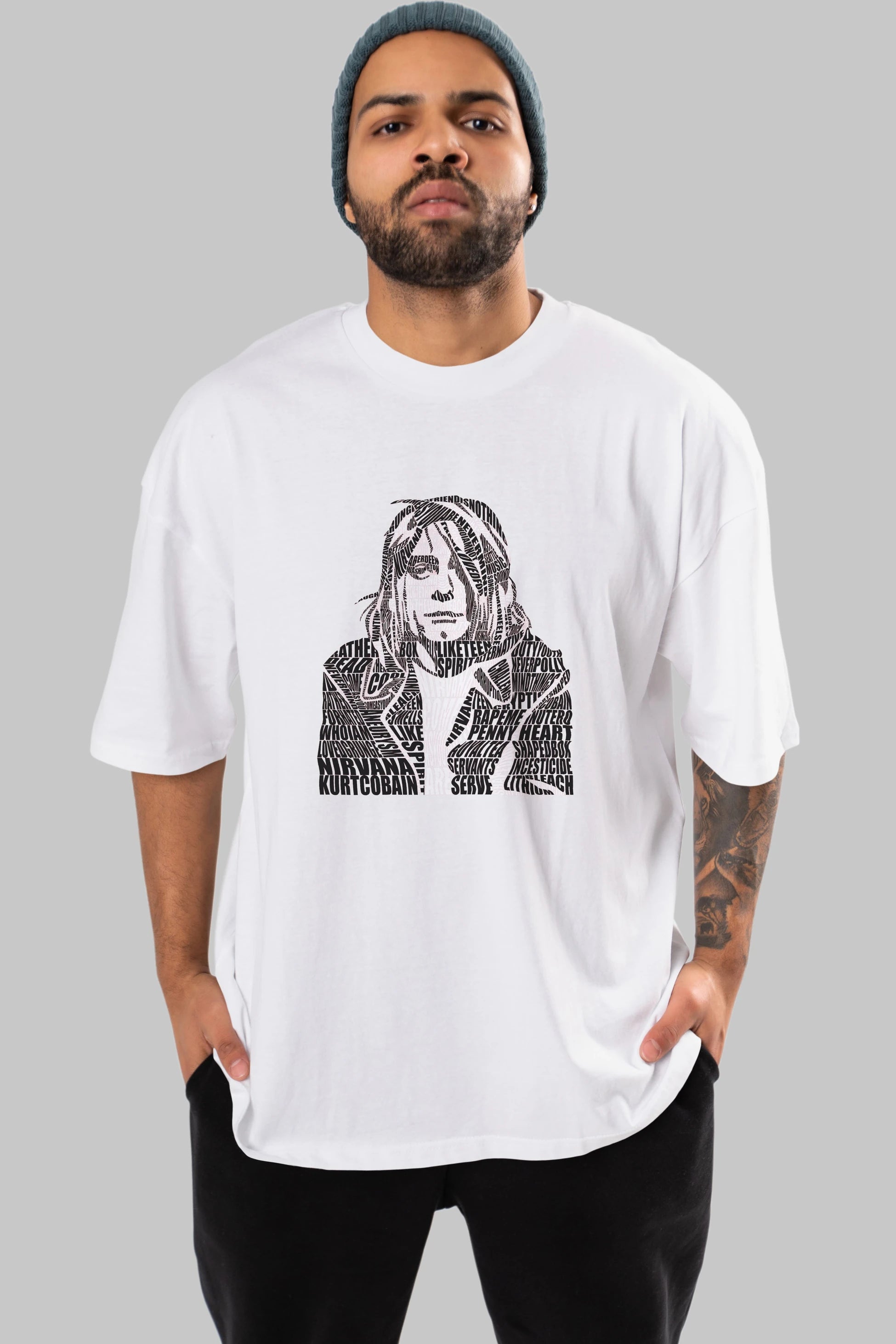 Kurt Cobain Calligram Ön Baskılı Oversize t-shirt %100 pamuk Erkek Kadın Unisex