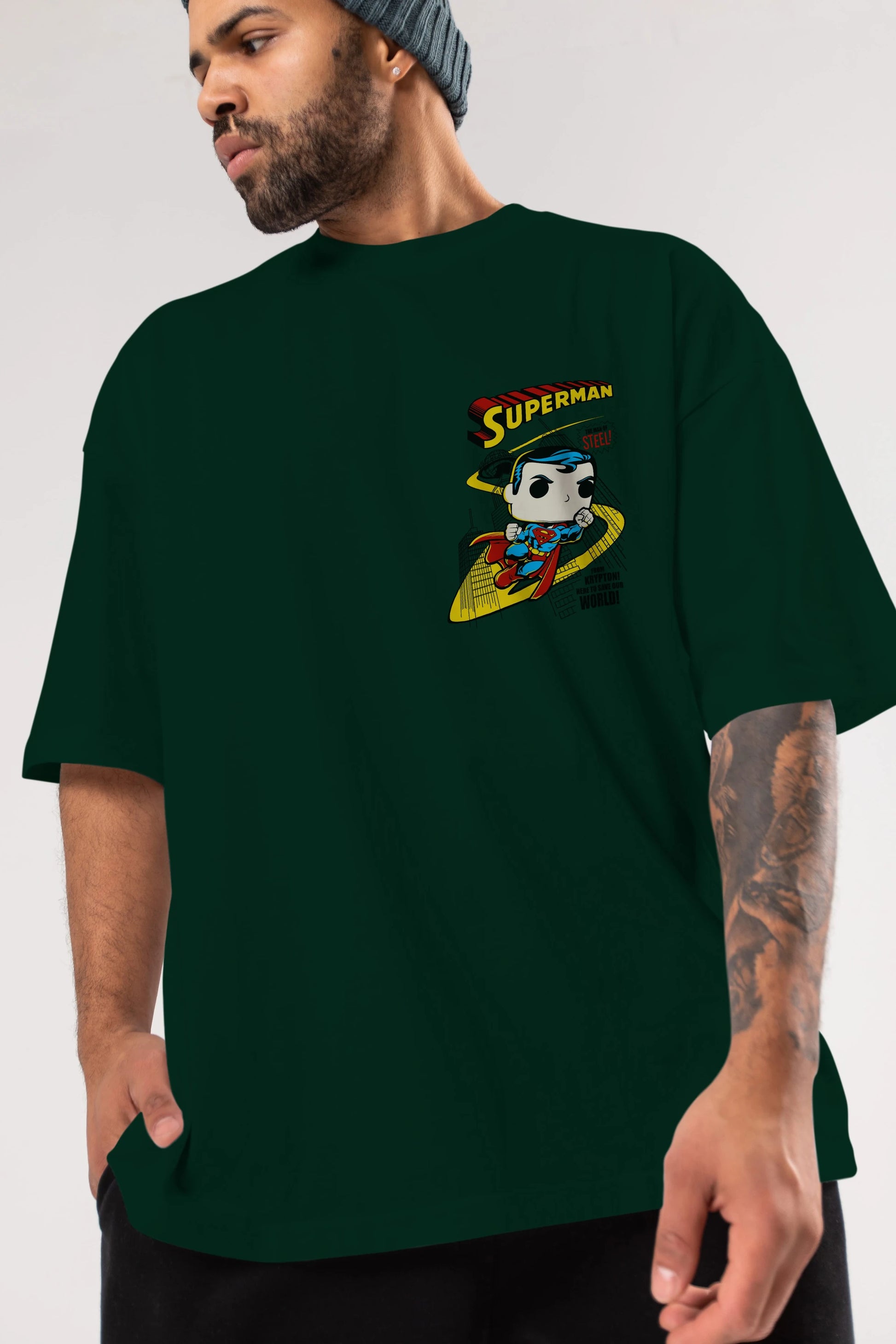 Superman (2) Ön Sol Baskılı Oversize t-shirt Erkek Kadın Unisex %100 Pamuk Bisiklet Yaka tişort
