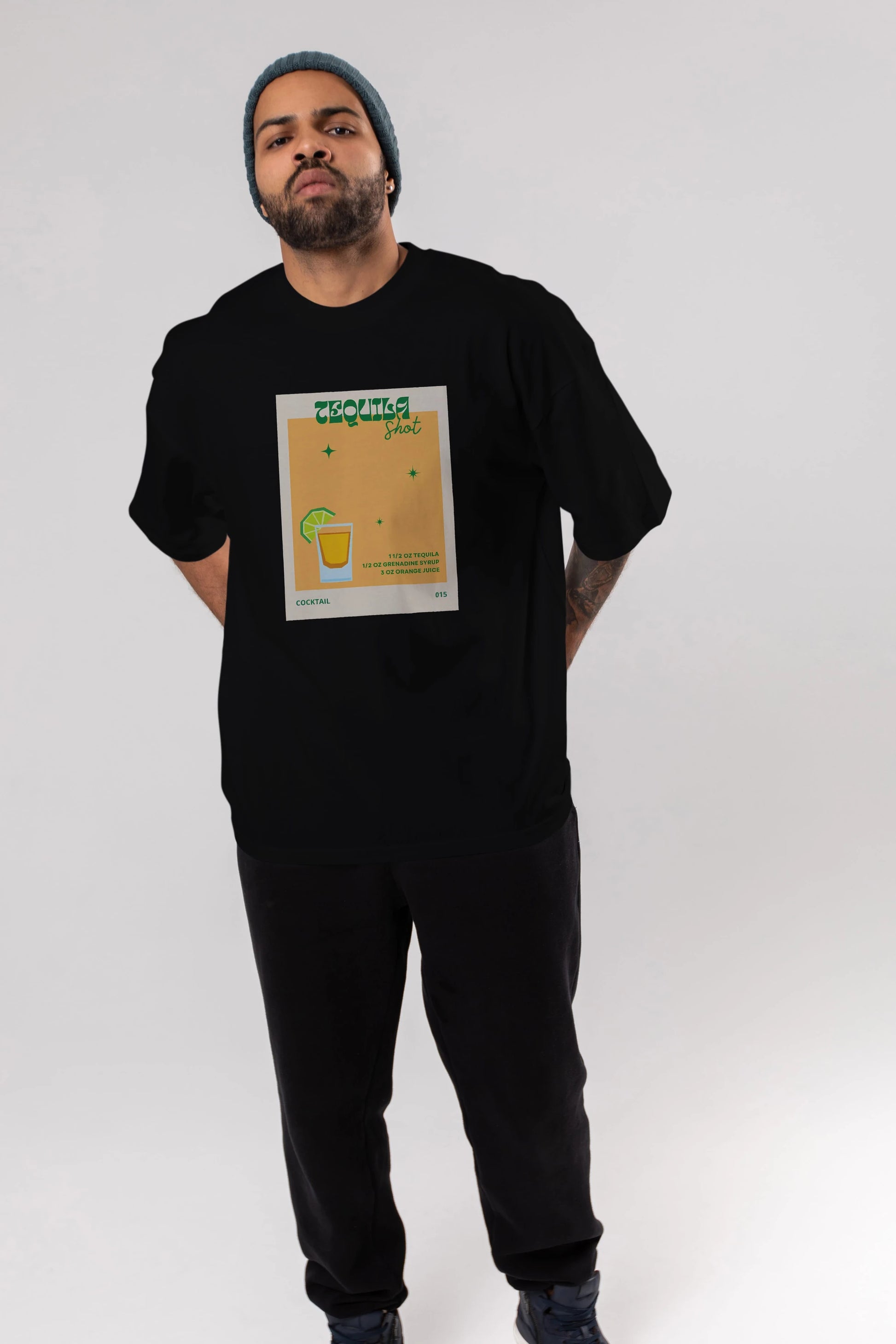 Tequila Shot 2 Ön Baskılı Oversize t-shirt Erkek Kadın Unisex %100 Pamuk Bisiklet Yaka tişort