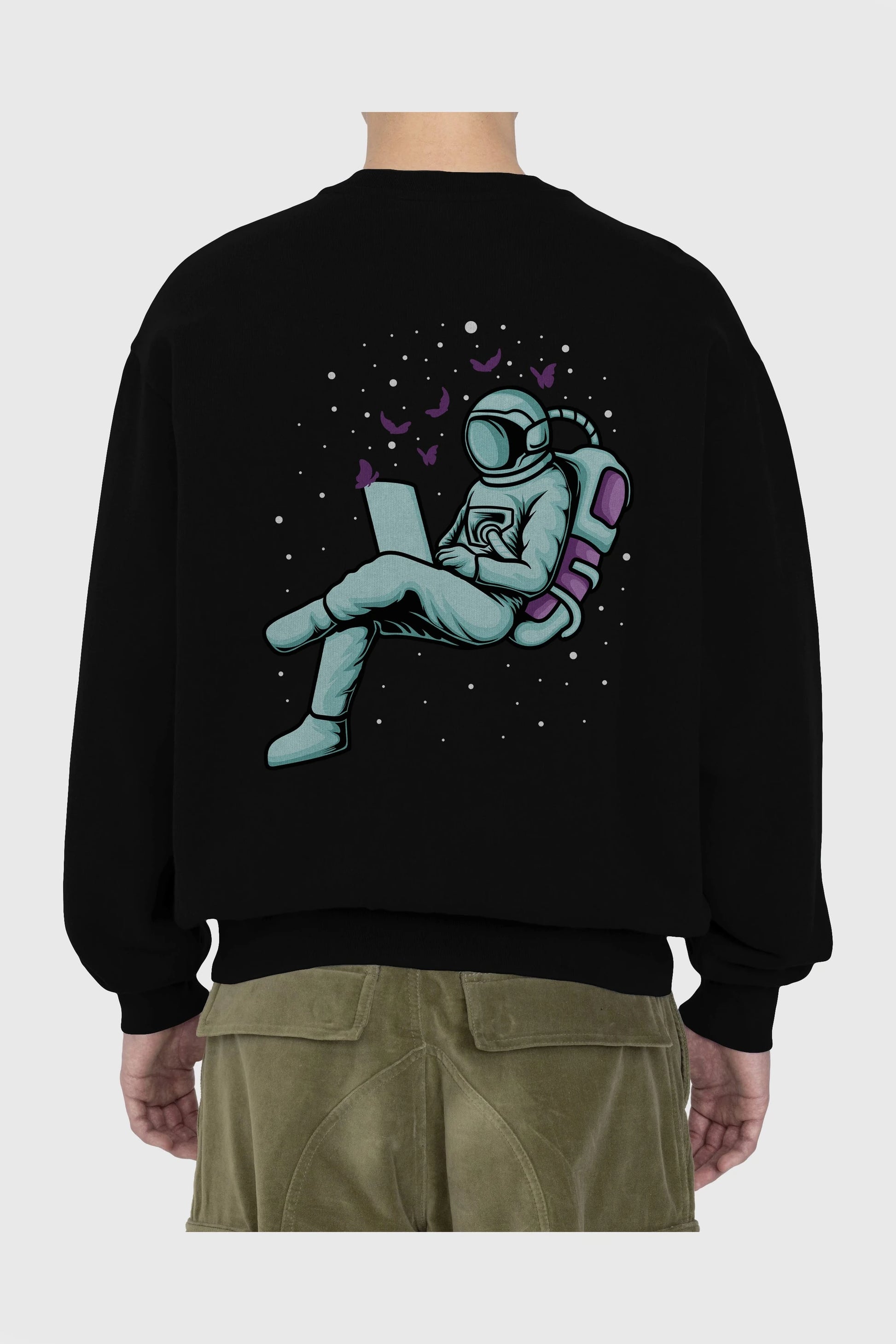 Work with Butterflies in Space Arka Baskılı Oversize Sweatshirt Erkek Kadın Unisex