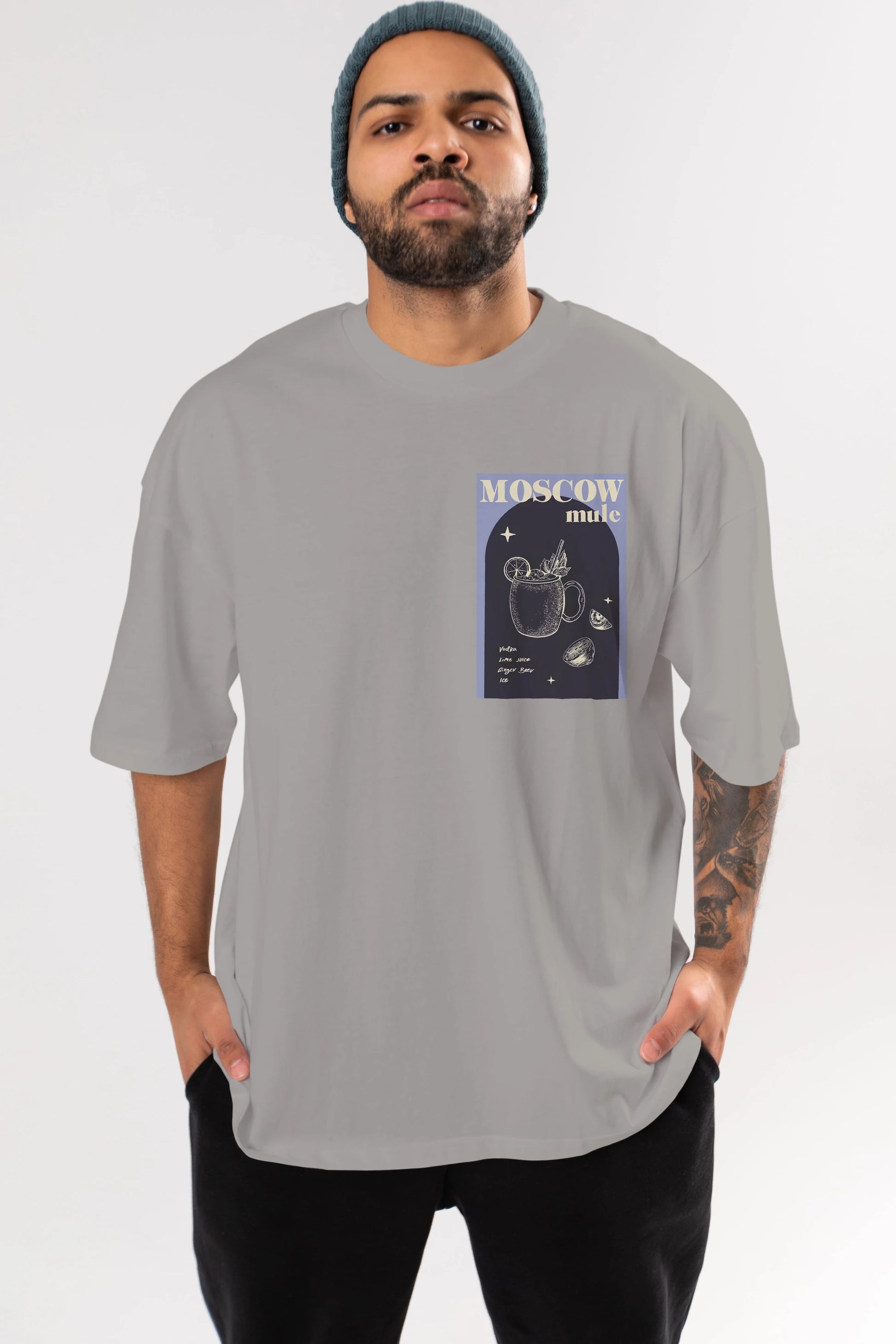Moscow Mule Ön Sol Baskılı Oversize t-shirt Erkek Kadın Unisex %100 Pamuk Bisiklet Yaka tişort
