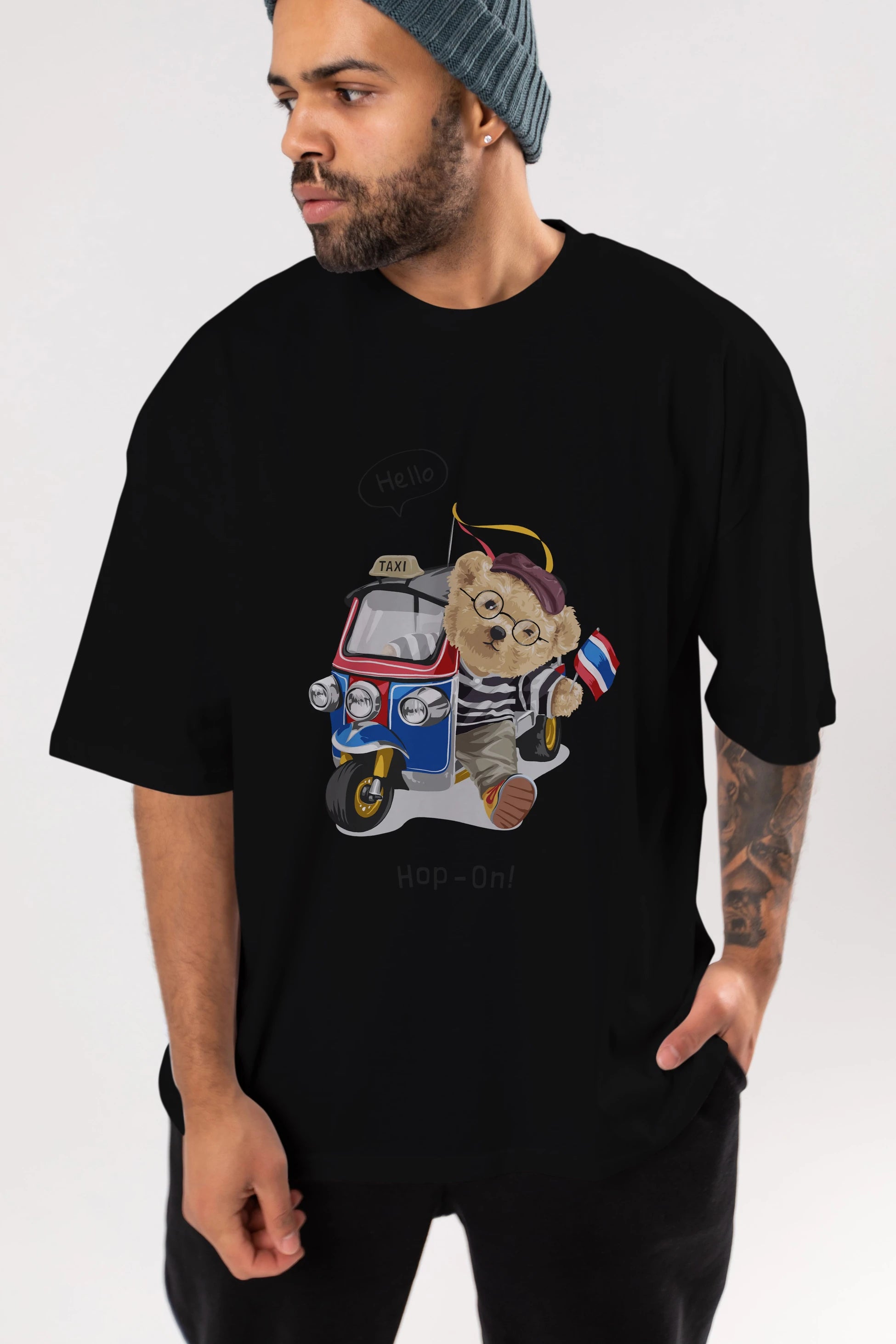 Teddy Bear Hop-On Ön Baskılı Oversize t-shirt Erkek Kadın Unisex %100 Pamuk