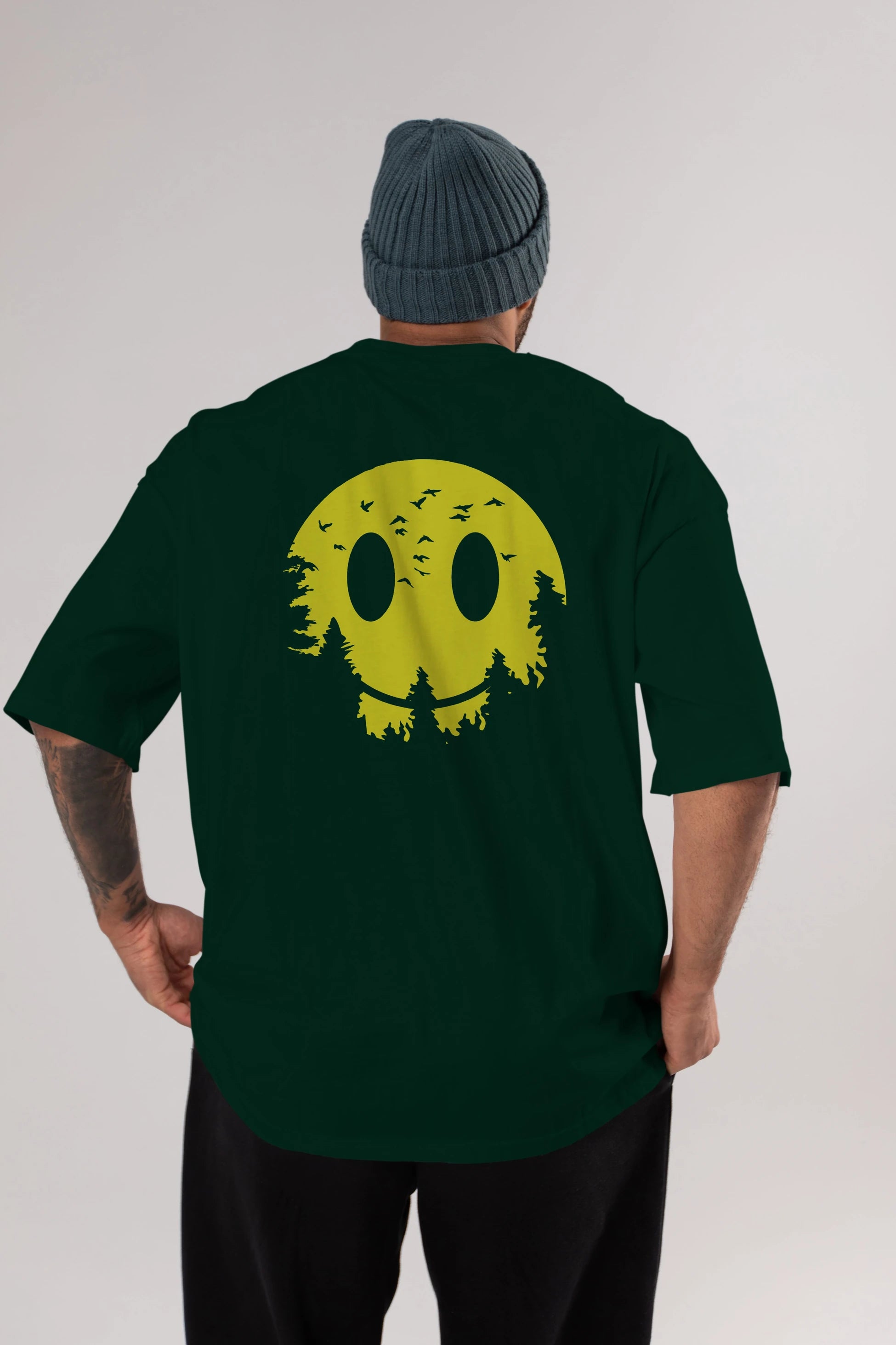 Smiley Moon Arka Baskılı Oversize t-shirt %100 pamuk Erkek Kadın Unisex