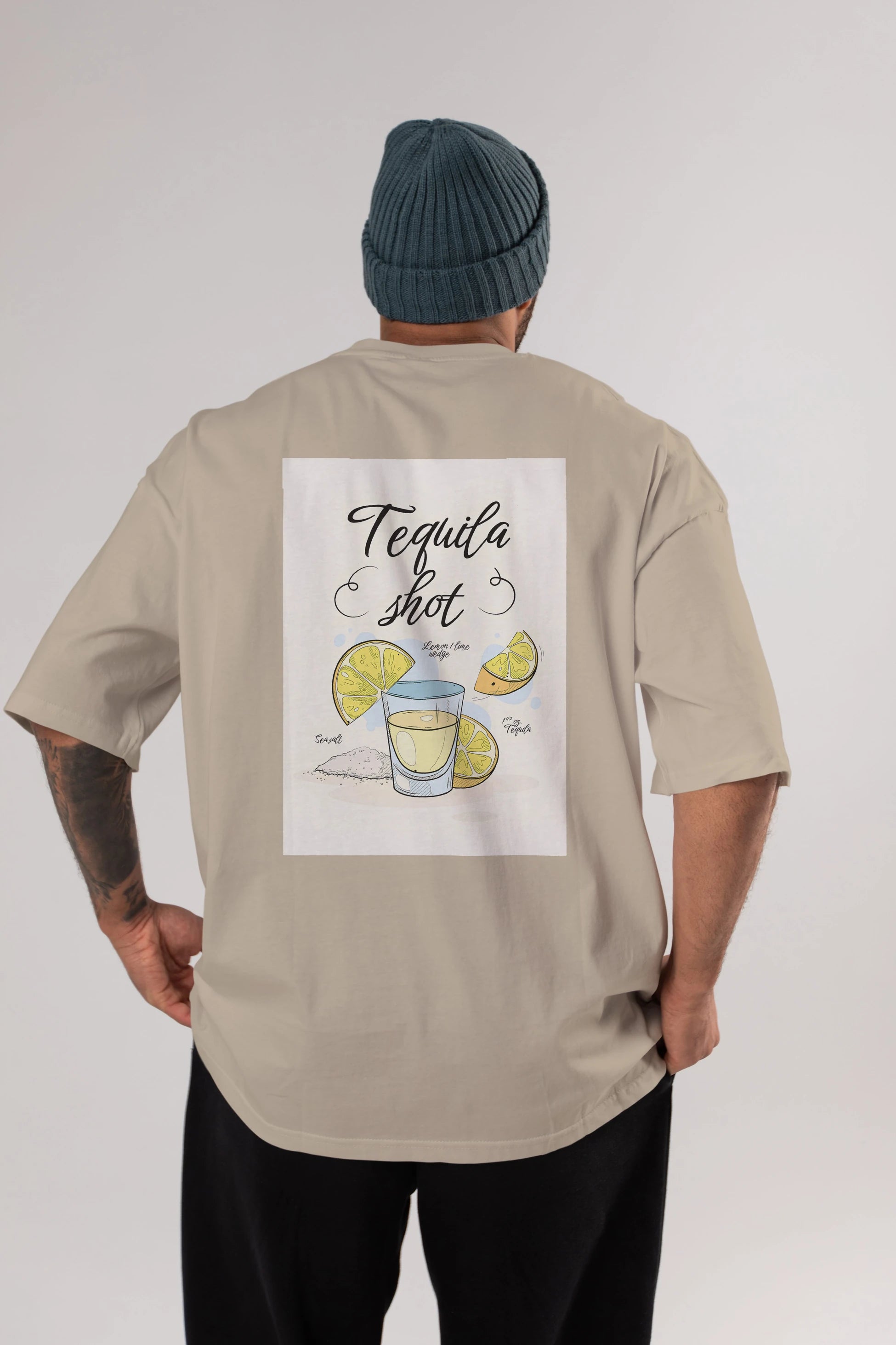 Tequila Shot Arka Baskılı Oversize t-shirt Erkek Kadın Unisex %100 Pamuk Bisiklet Yaka tişort