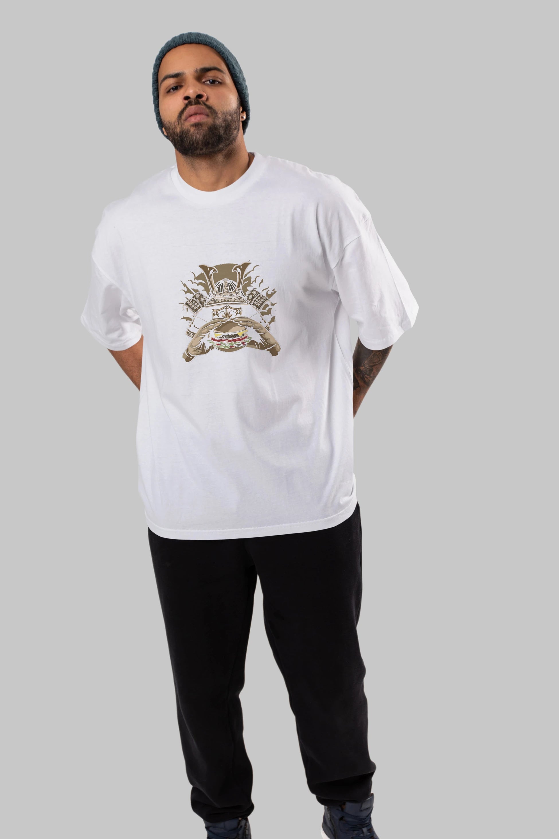 Samurai Burger Ön Baskılı Oversize t-shirt Erkek Kadın Unisex %100 Pamuk tişort