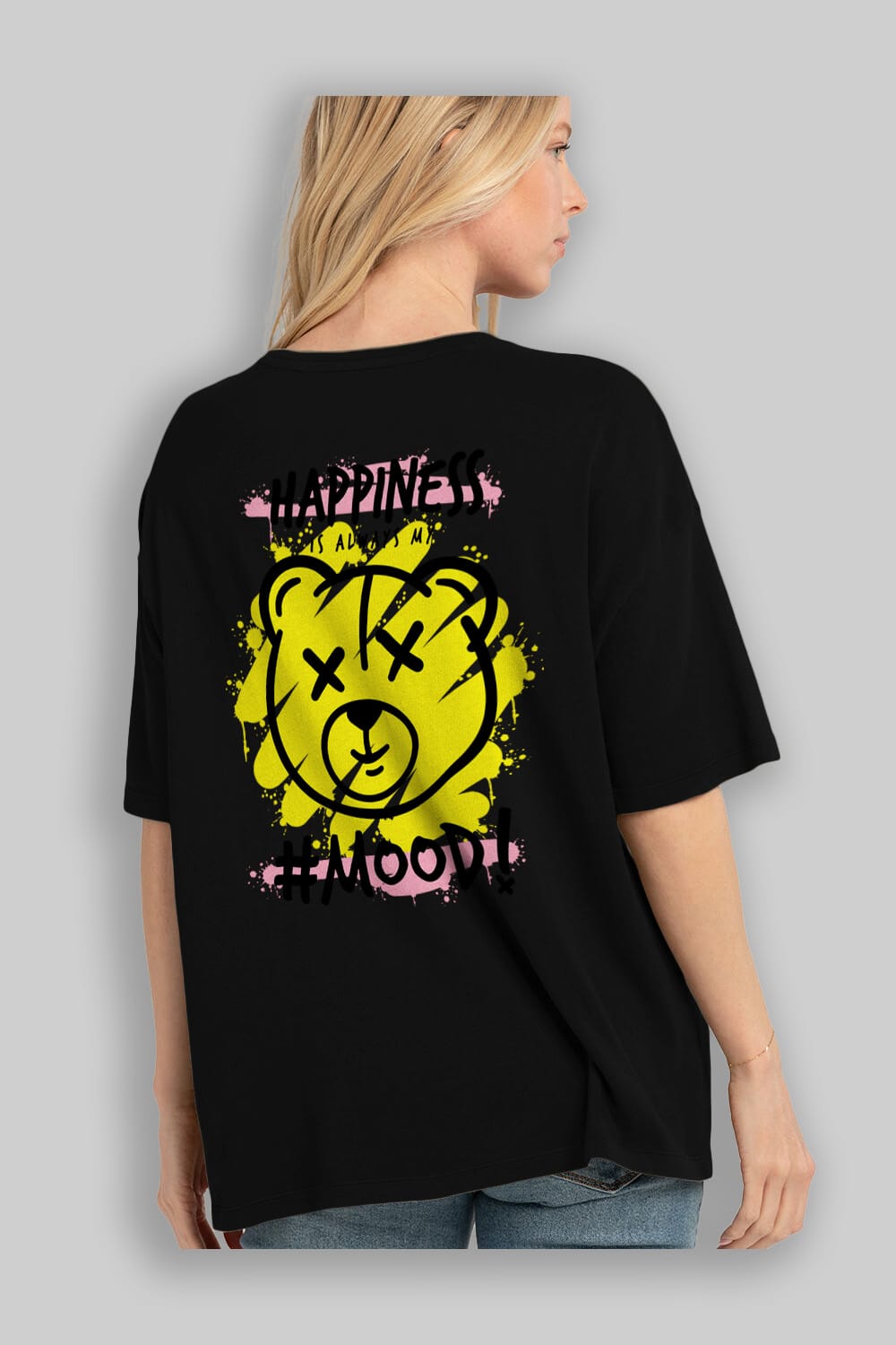 Happiness Mood Bear Arka Baskılı Oversize t-shirt Erkek Kadın Unisex