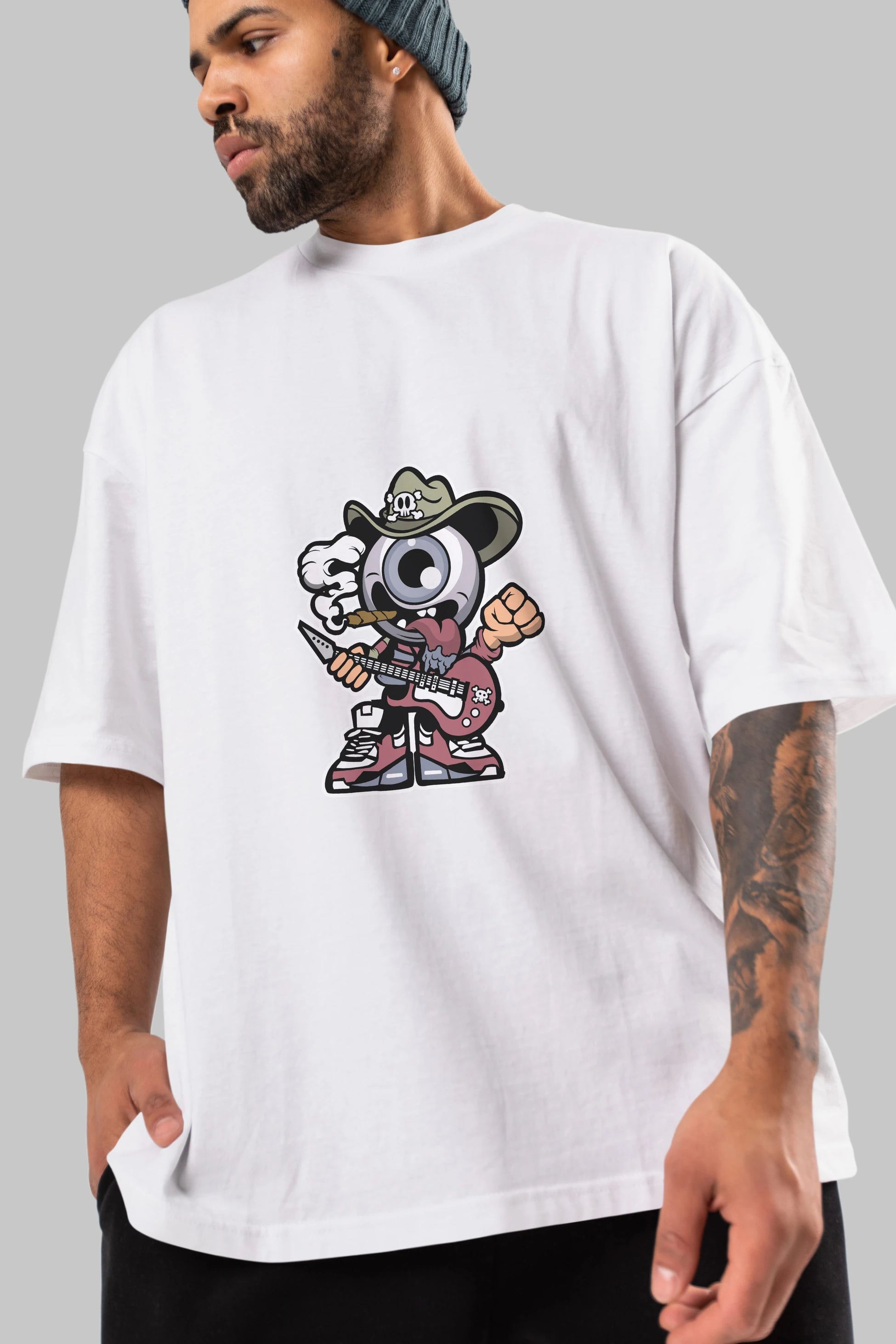 Eyeball Rockstar Cowboy Ön Baskılı Oversize t-shirt Erkek Kadın Unisex %100 Pamuk tişort