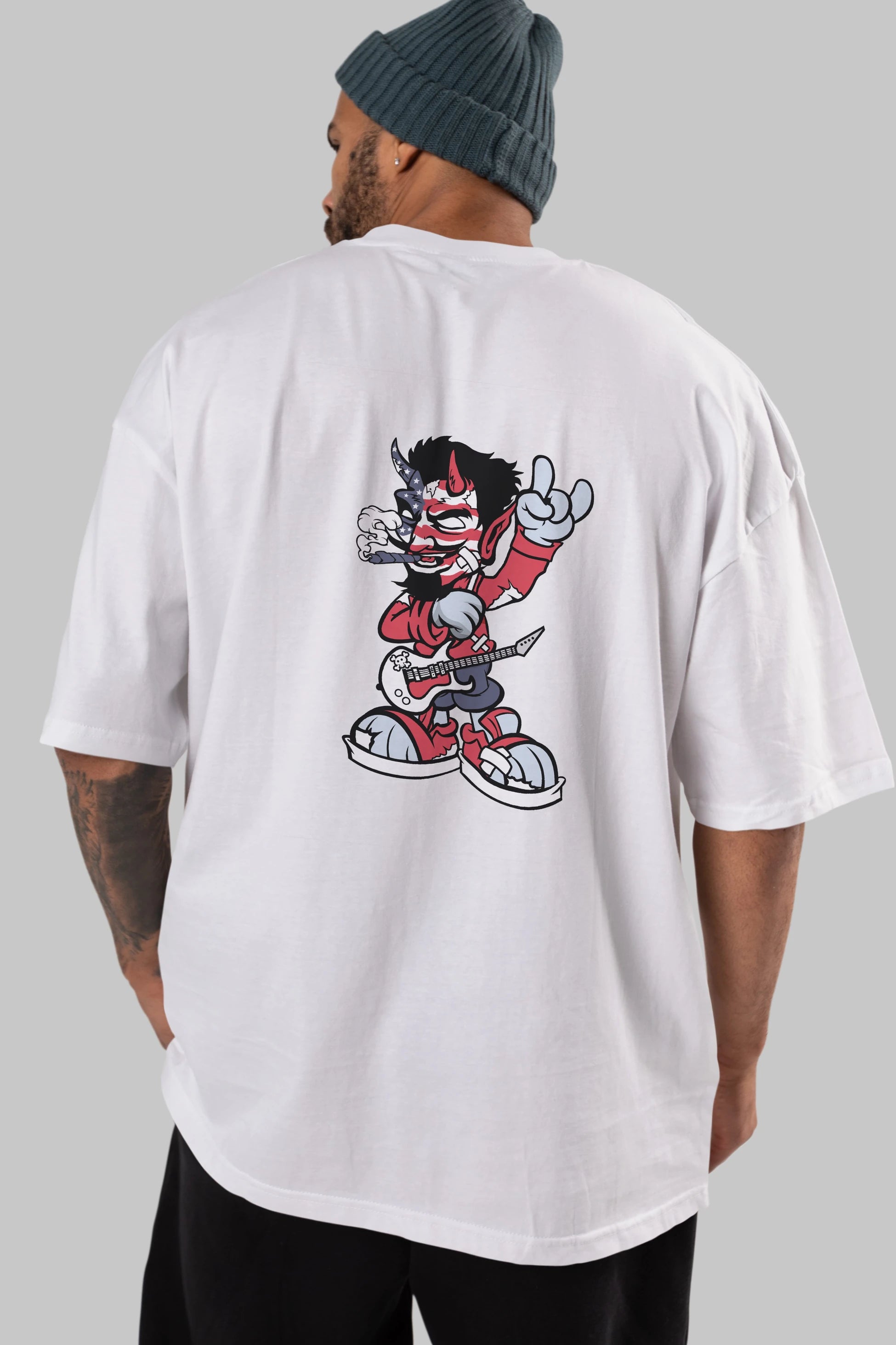 American Devil Rockstar Arka Baskılı Oversize t-shirt Erkek Kadın Unisex %100 Pamuk tişort