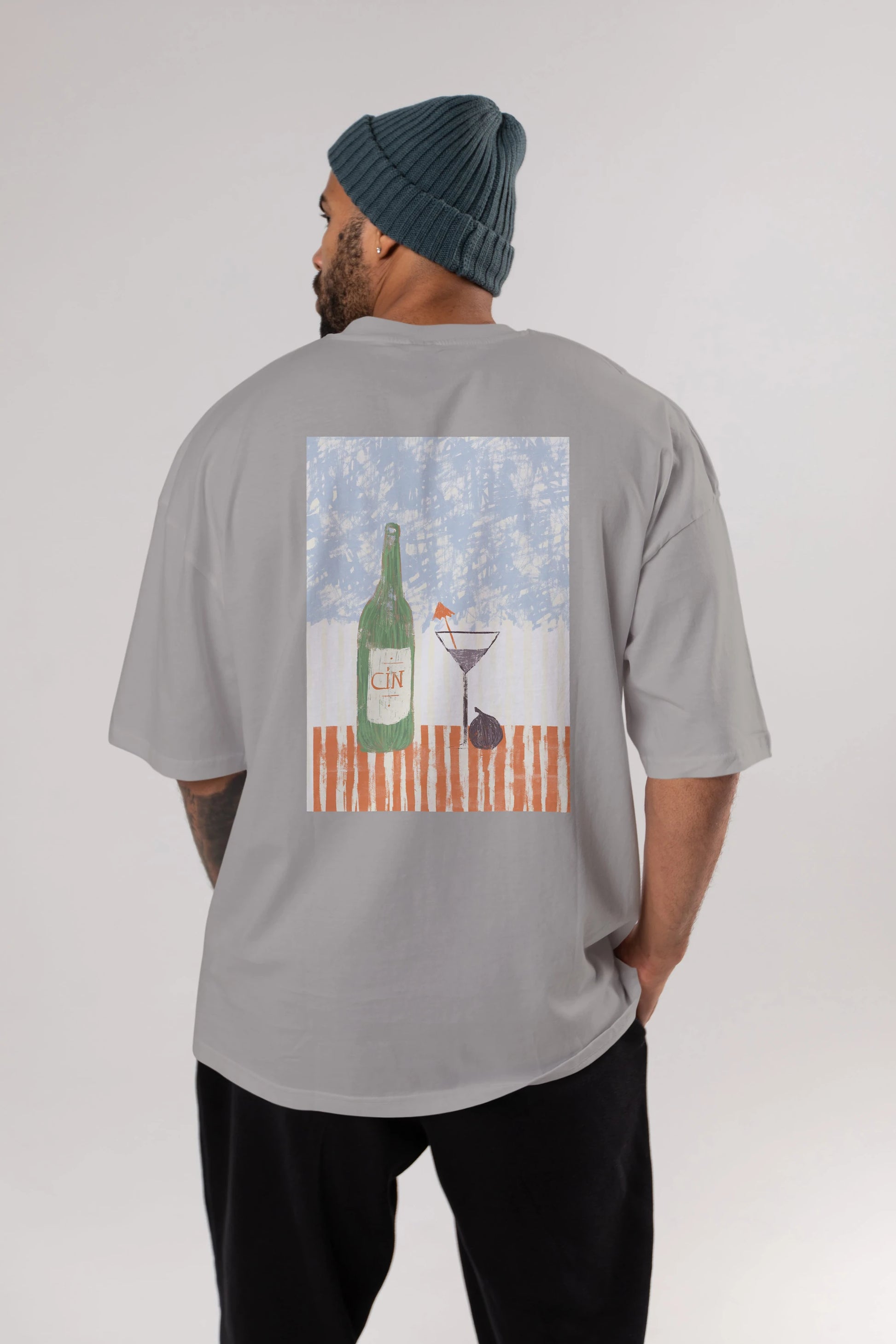 Gin Arka Baskılı Oversize t-shirt Erkek Kadın Unisex %100 Pamuk Bisiklet Yaka tişort