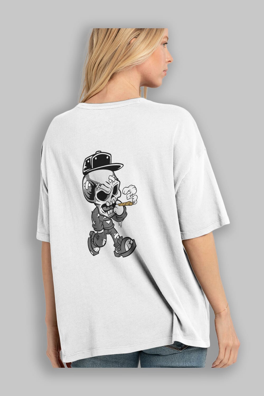 Skull Smoker Arka Baskılı Oversize t-shirt Erkek Kadın Unisex %100 Pamuk tişort