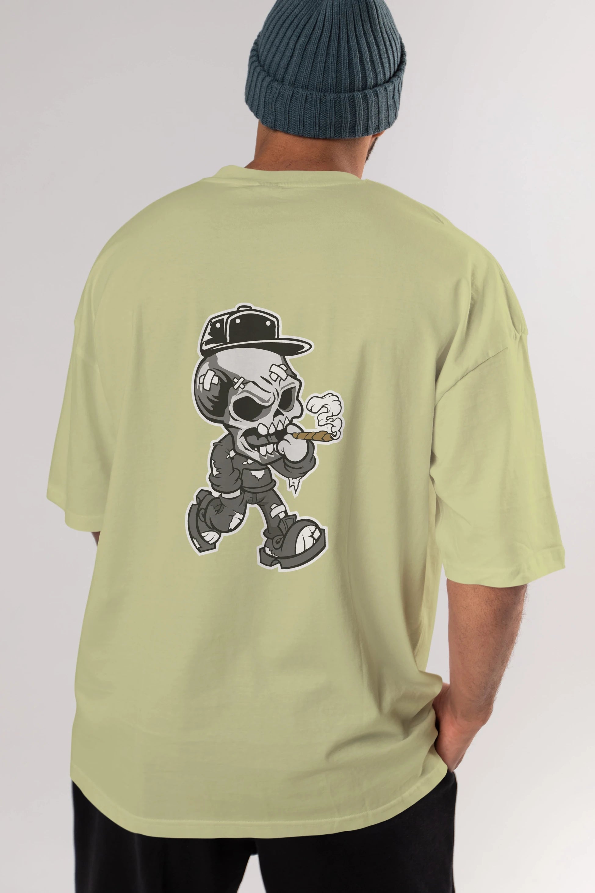 Skull Smoker Arka Baskılı Oversize t-shirt Erkek Kadın Unisex %100 Pamuk tişort