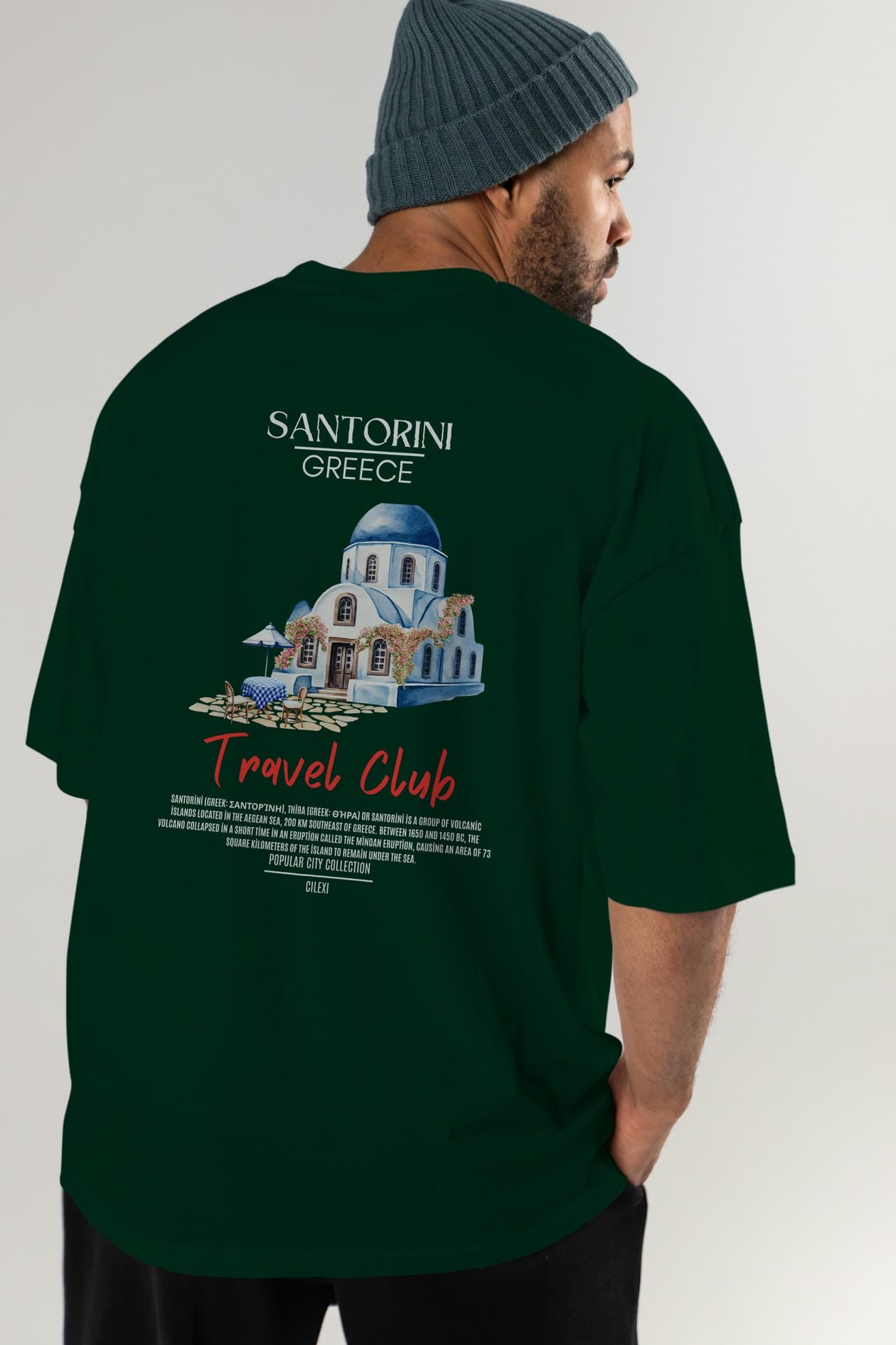 Santorini Greece Arka Baskılı Oversize t-shirt Erkek Kadın Pamuk Bisiklet Yaka tişort