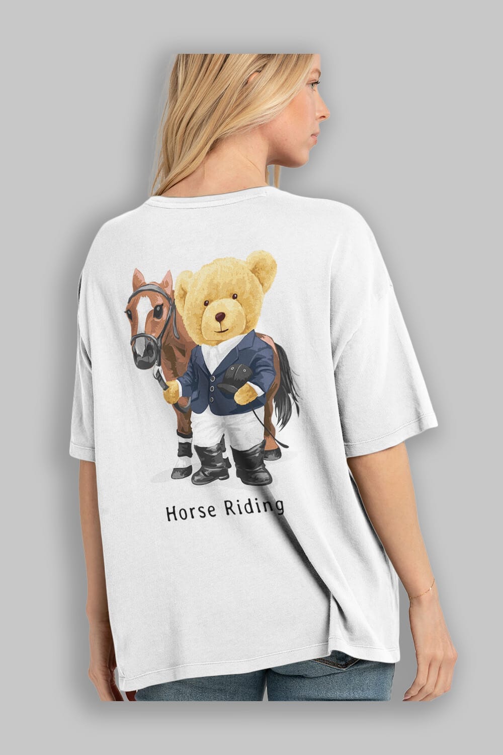 Teddy Bear Horse Riding Arka Baskılı Oversize t-shirt Erkek Kadın Unisex %100 Pamuk