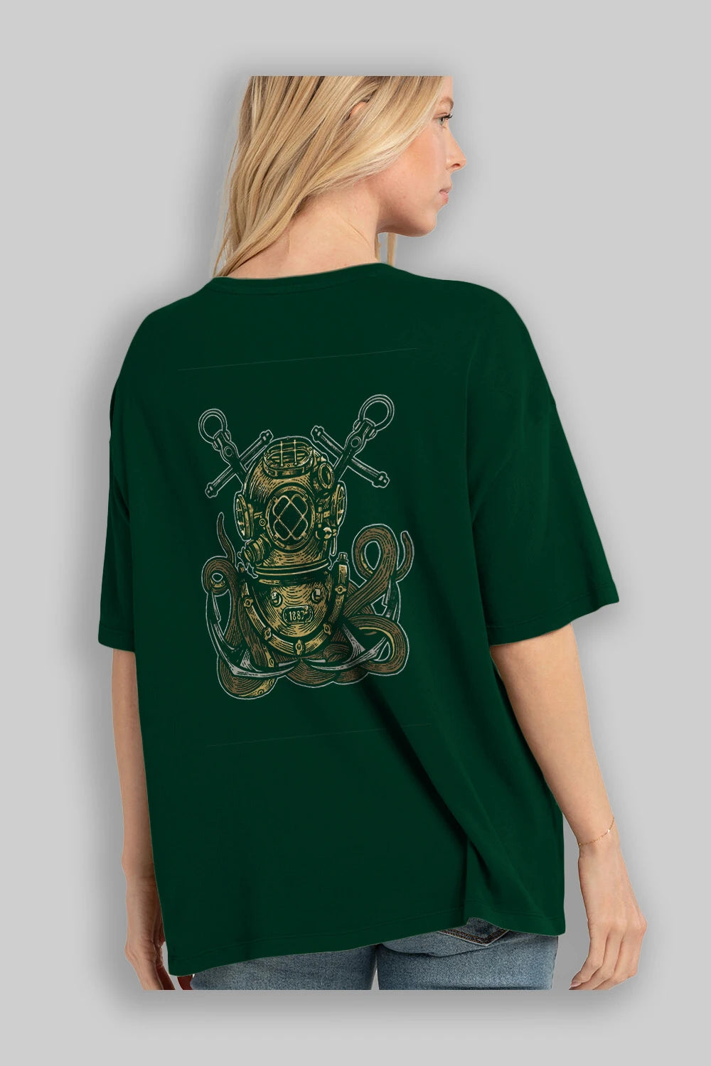 Diver Octopus Arka Baskılı Oversize t-shirt Erkek Kadın Unisex %100 Pamuk