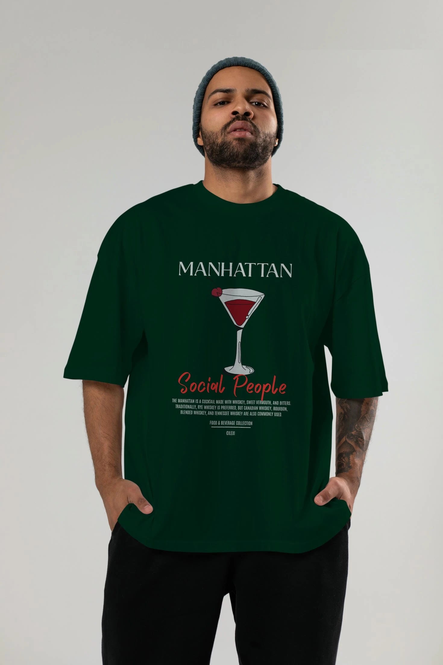 Manhattan Kokteyl Serisi ön Baskılı Oversize t-shirt Erkek Kadın %100 Pamuk Bisiklet Yaka tişort