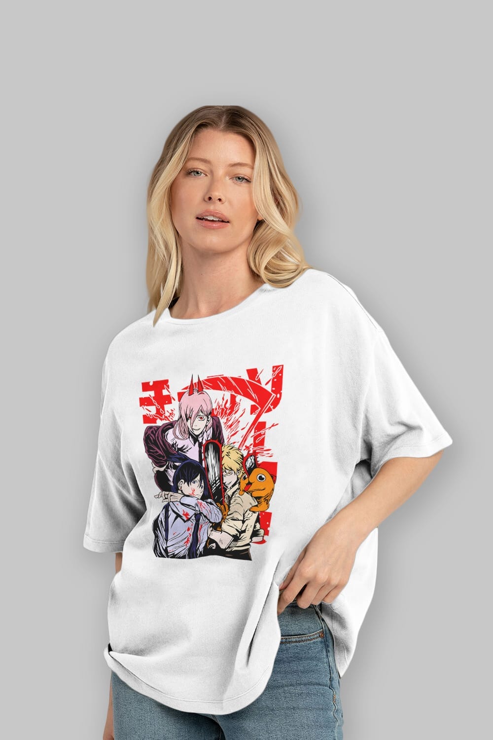 CHAINSAWMAN CREW Anime Ön Baskılı Oversize t-shirt %100 pamuk Erkek Kadın Unisex