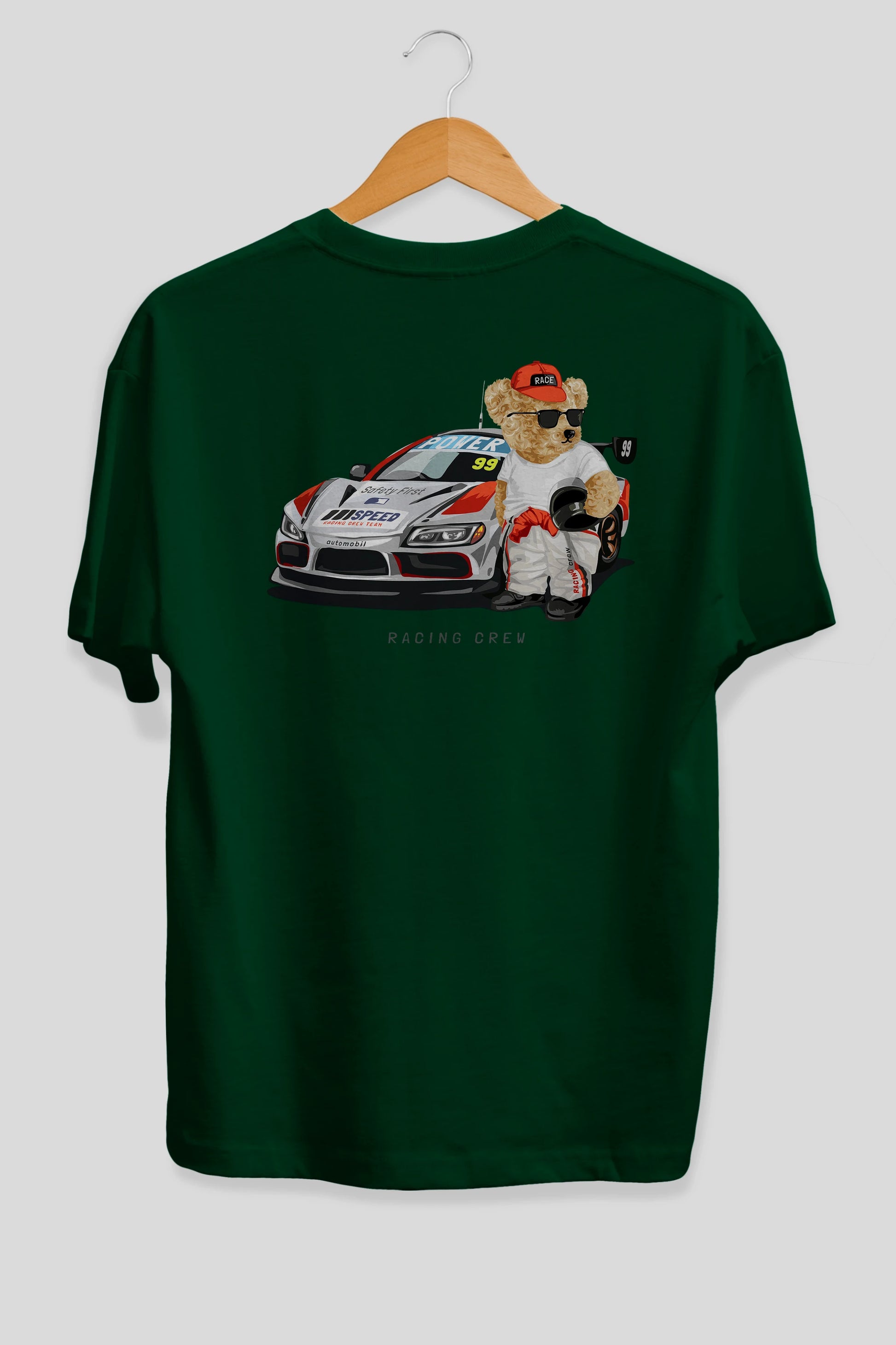 Teddy Bear Racing Crew Arka Baskılı Oversize t-shirt Erkek Kadın Unisex %100 Pamuk