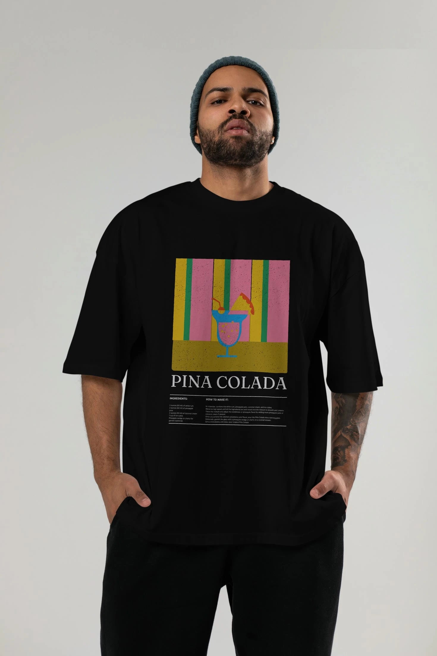 Pina Colada Kokteyl Ön Baskılı Oversize t-shirt Erkek Kadın %100 Pamuk Bisiklet Yaka tişort