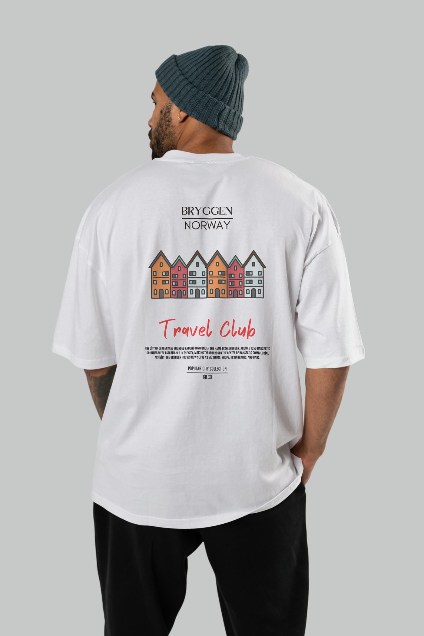Bryggen Norway Arka Baskılı Oversize t-shirt Erkek Kadın Pamuk Bisiklet Yaka tişort