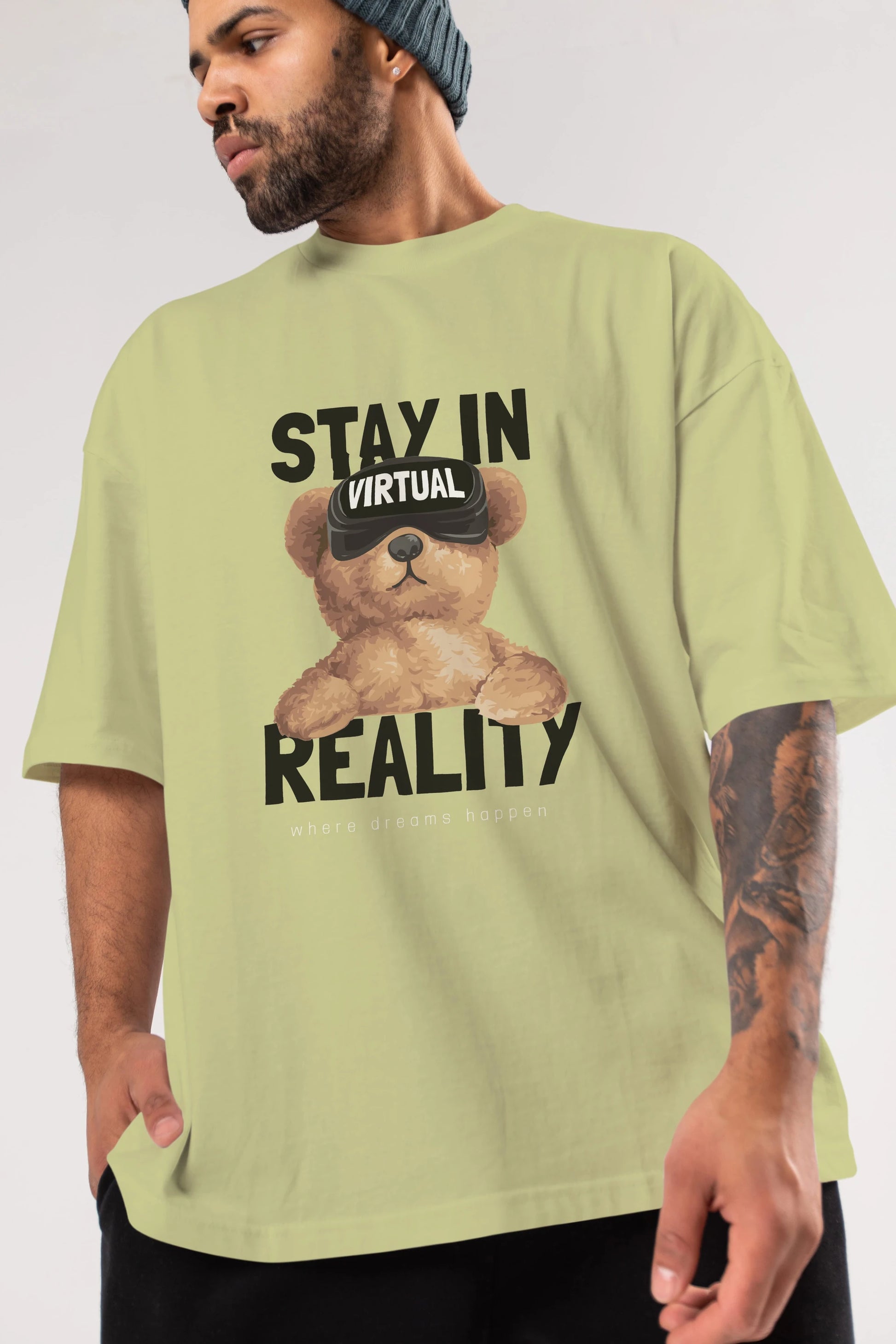 Teddy Stay In Reality Ön Baskılı Oversize t-shirt Erkek Kadın Unisex %100 Pamuk