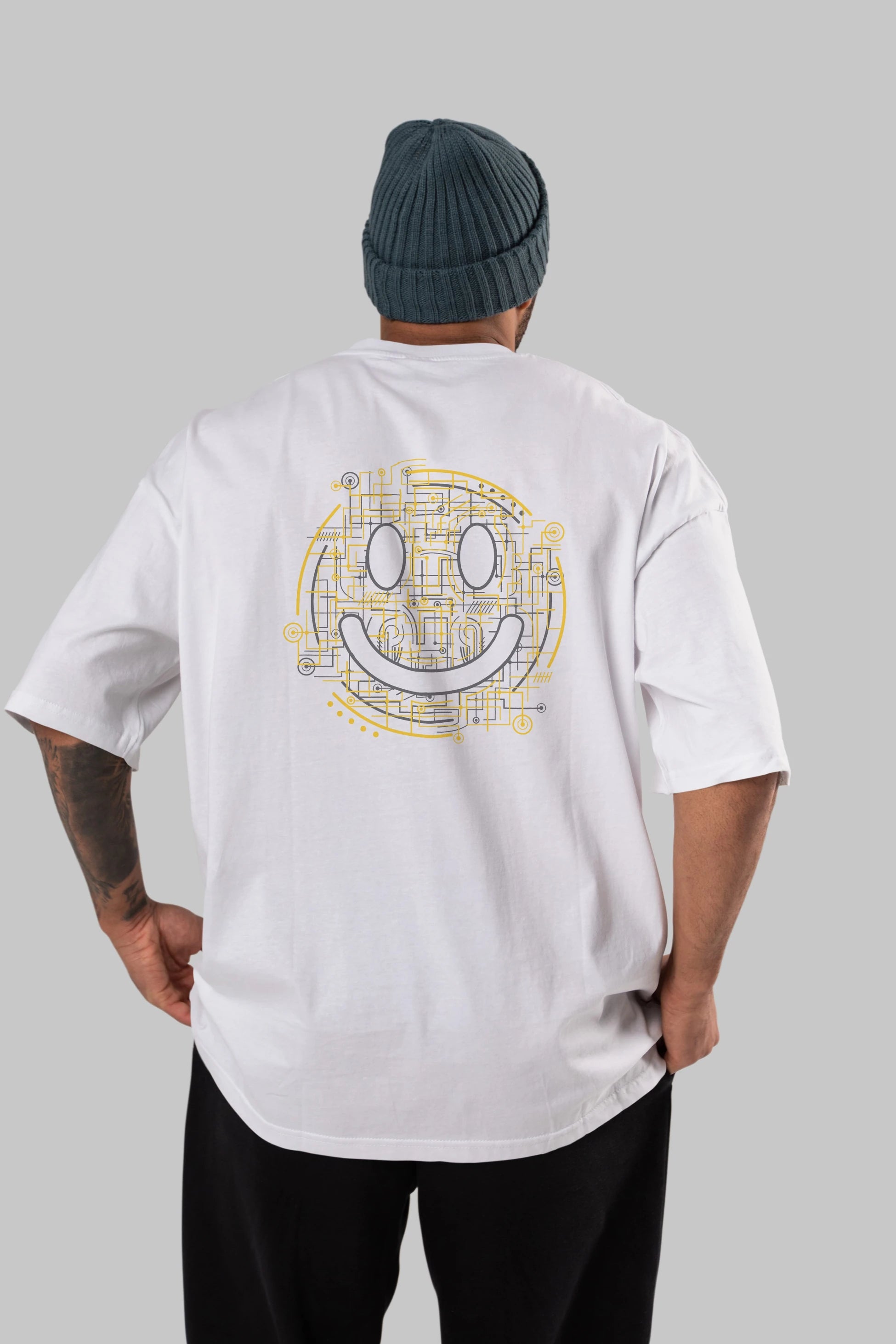 Electric Smiley Arka Baskılı Oversize t-shirt %100 pamuk Erkek Kadın Unisex