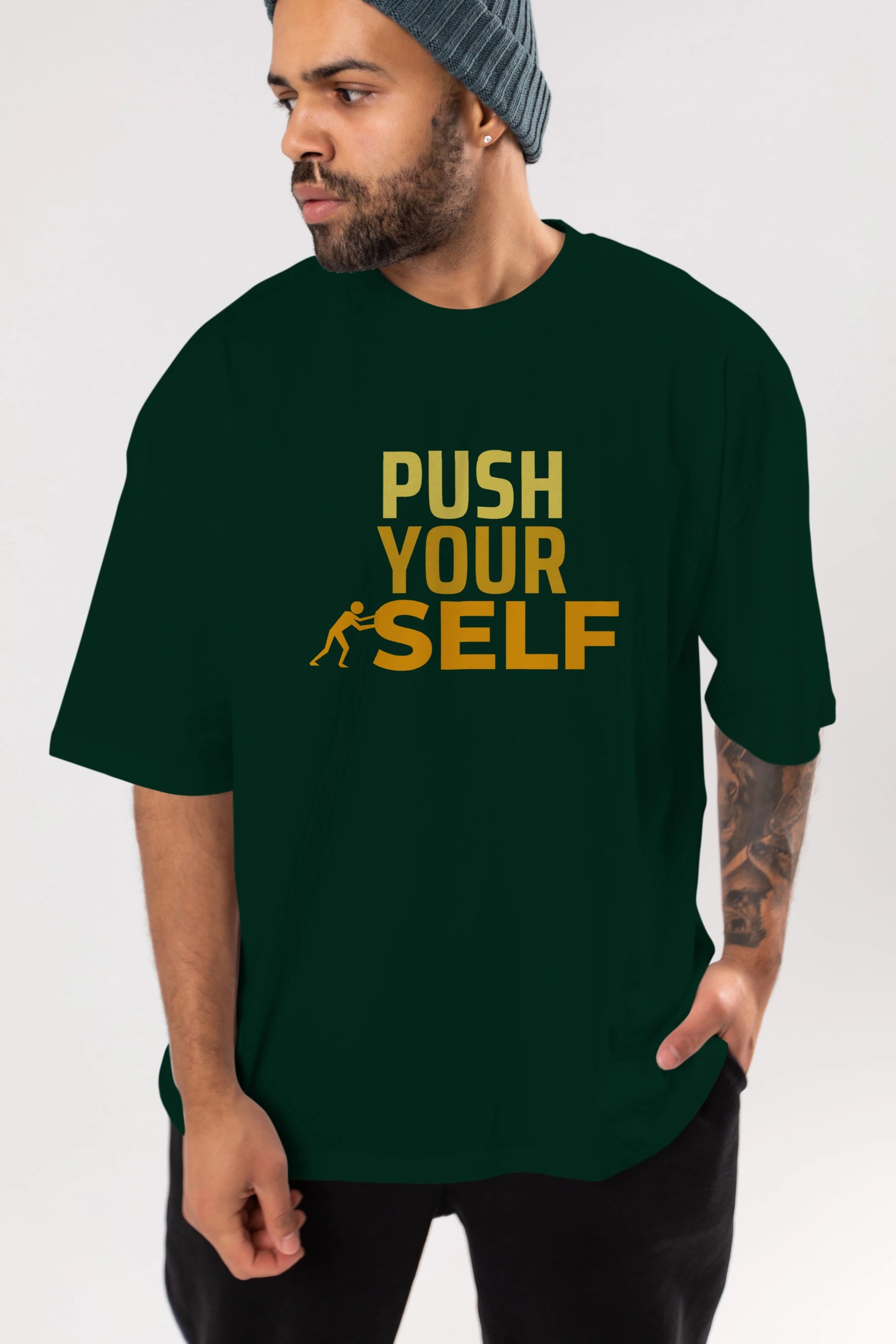Push Yourself Yazılı Ön Baskılı Oversize t-shirt Erkek Kadın Unisex