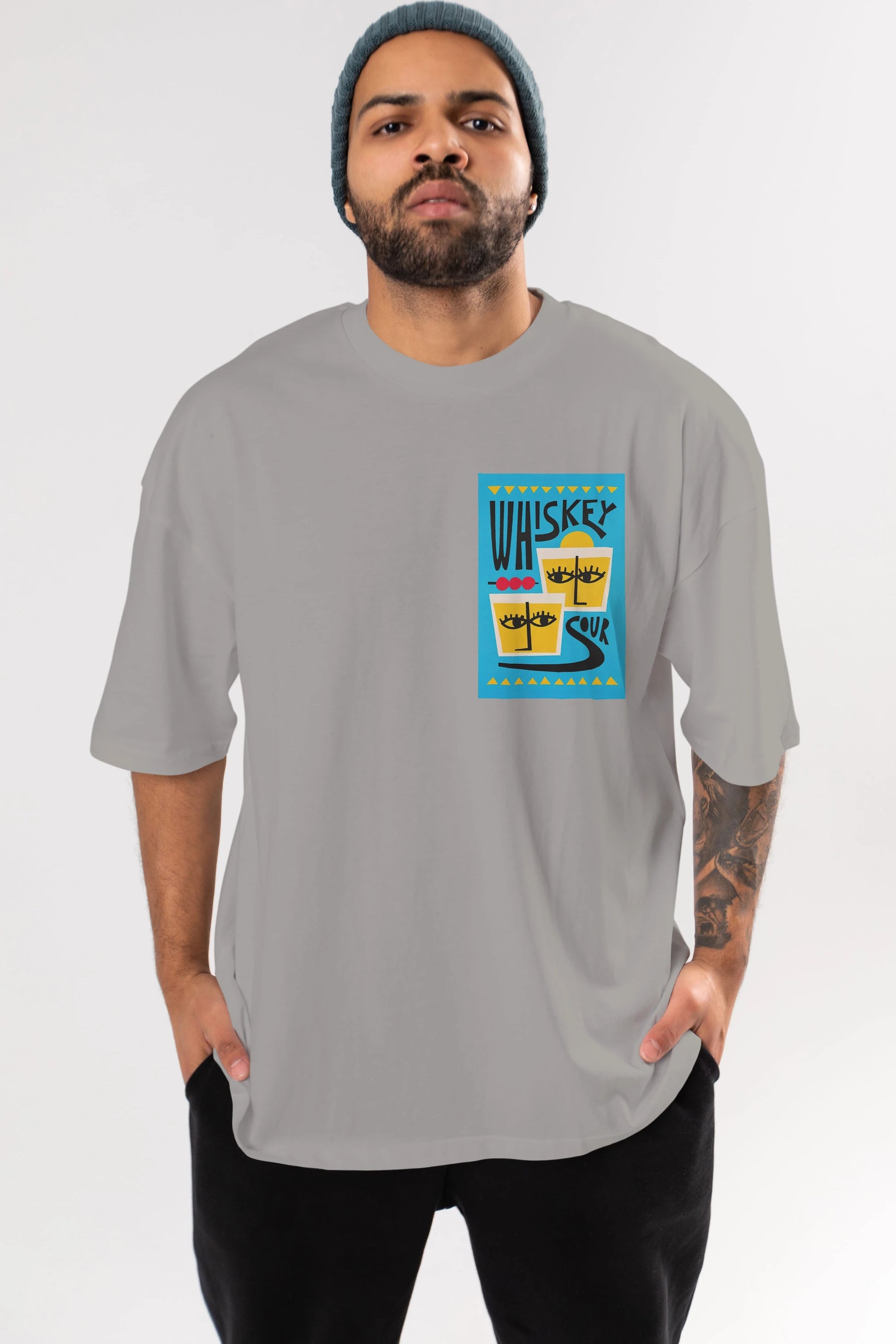Whiskey Sour 2 Ön Sol Baskılı Oversize t-shirt Erkek Kadın Unisex %100 Pamuk Bisiklet Yaka tişort