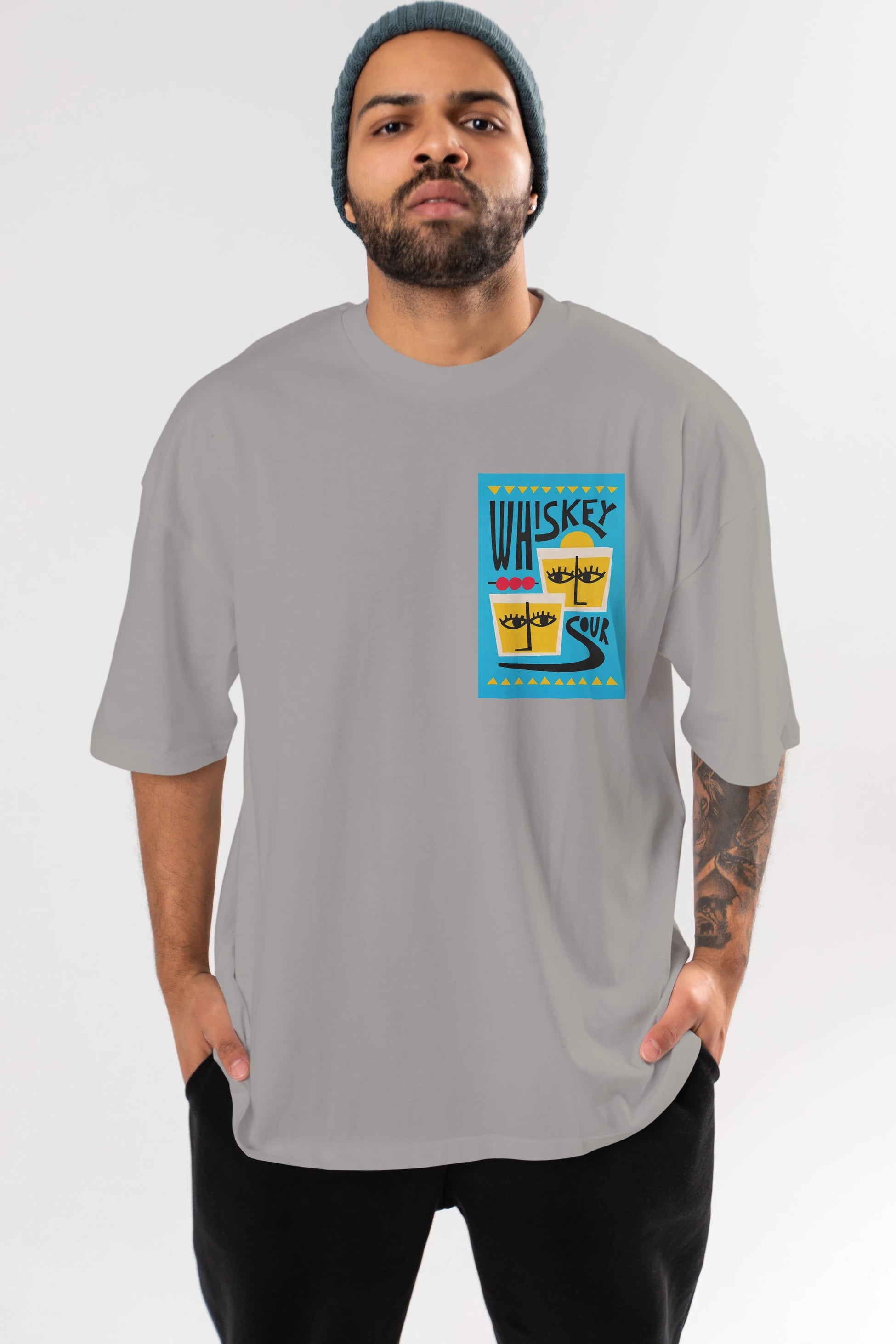 Whiskey Sour 2 Ön Sol Baskılı Oversize t-shirt Erkek Kadın Unisex %100 Pamuk Bisiklet Yaka tişort
