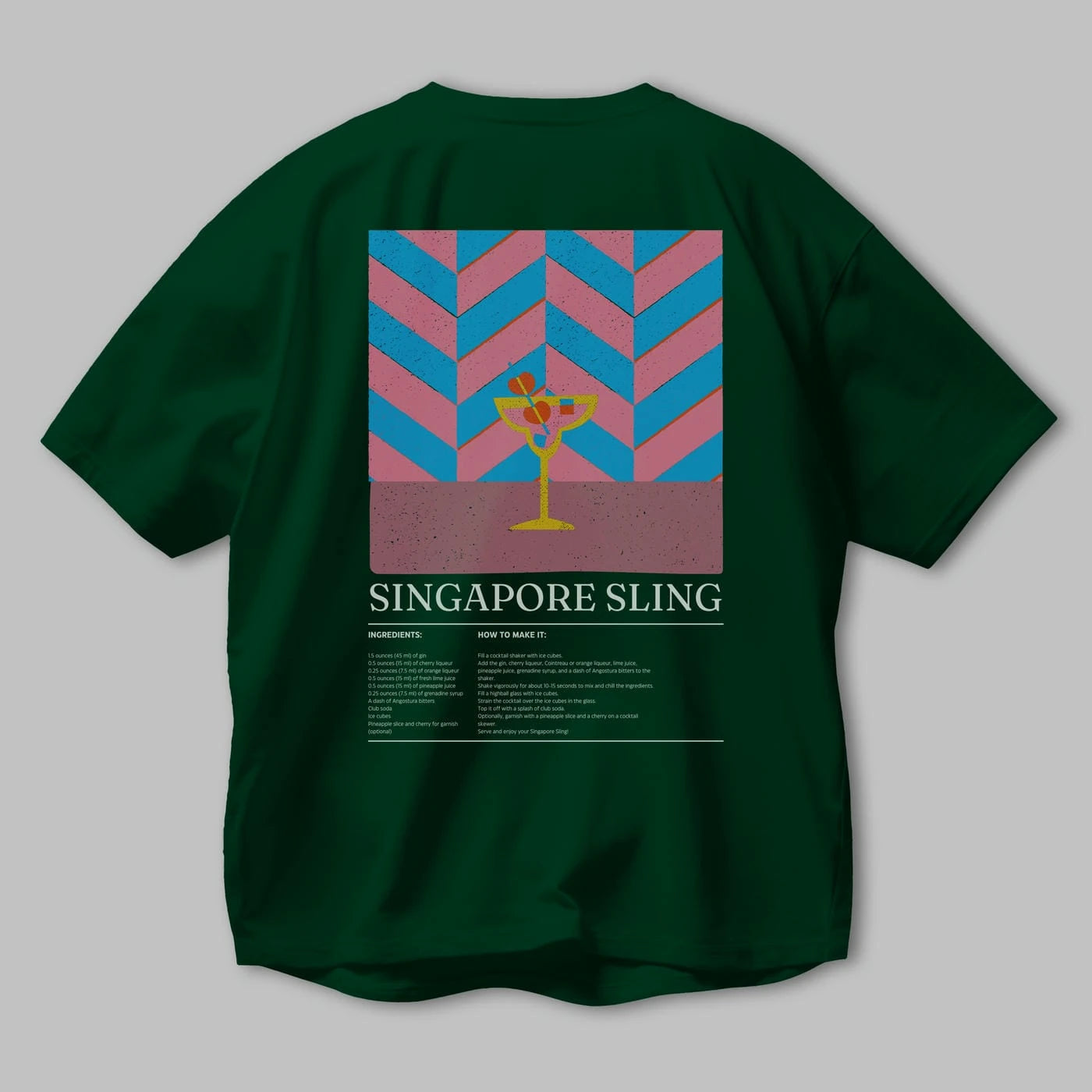 Singapore Sling Kokteyl Serisi Arka Baskılı Oversize t-shirt Erkek Kadın %100 Pamuk Bisiklet Yaka tişort