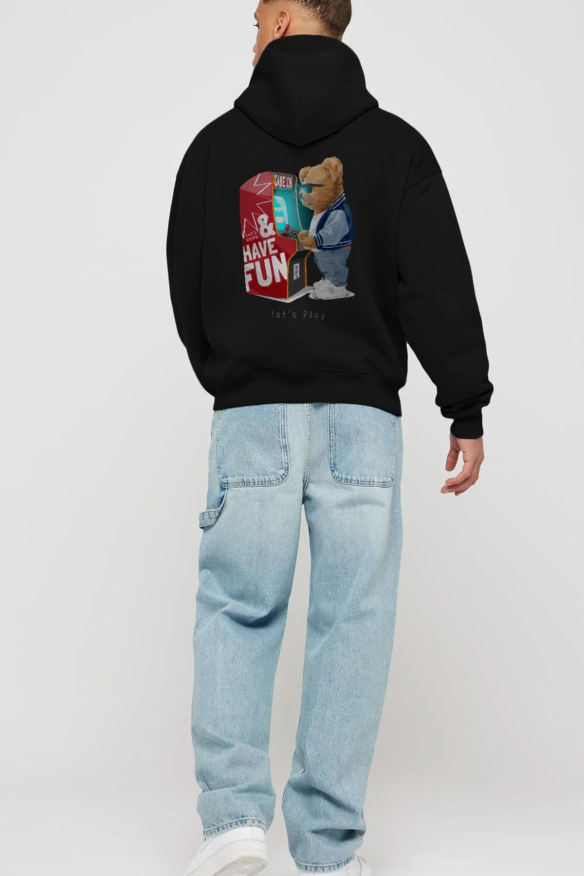 Teddy Bear Lets Play Arka Baskılı Hoodie Oversize Kapüşonlu Sweatshirt Erkek Kadın Unisex