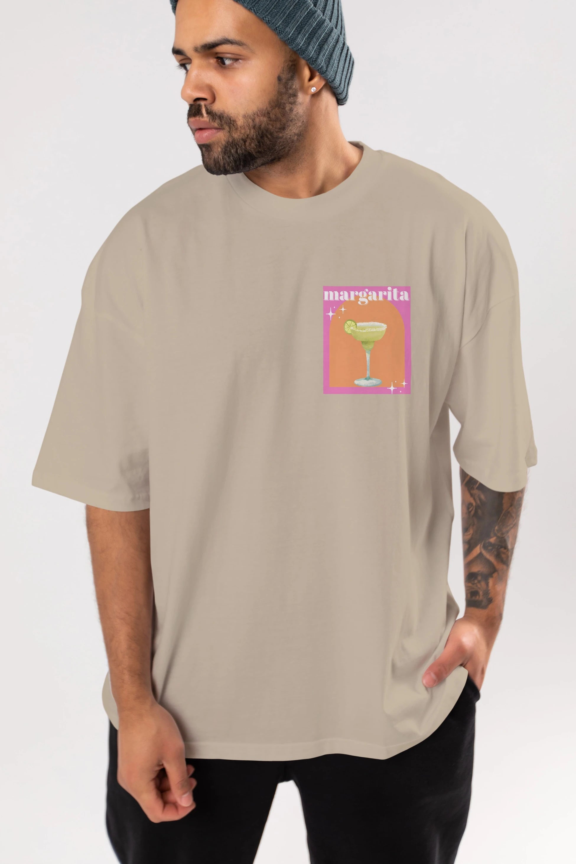 Margarita 7 Ön Sol Baskılı Oversize t-shirt Erkek Kadın Unisex %100 Pamuk Bisiklet Yaka tişort