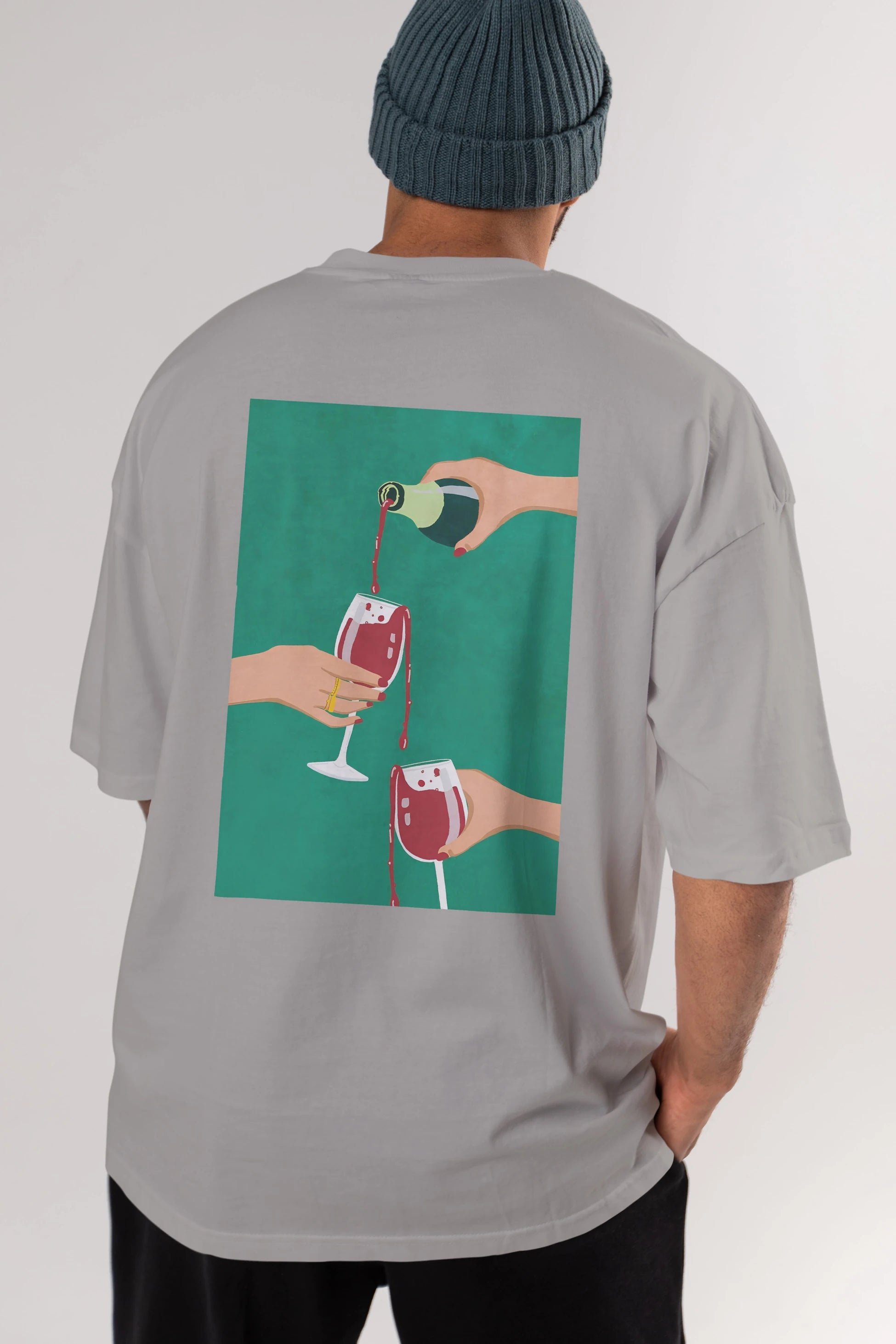 Wine 2 Arka Baskılı Oversize t-shirt Erkek Kadın Unisex %100 Pamuk Bisiklet Yaka tişort