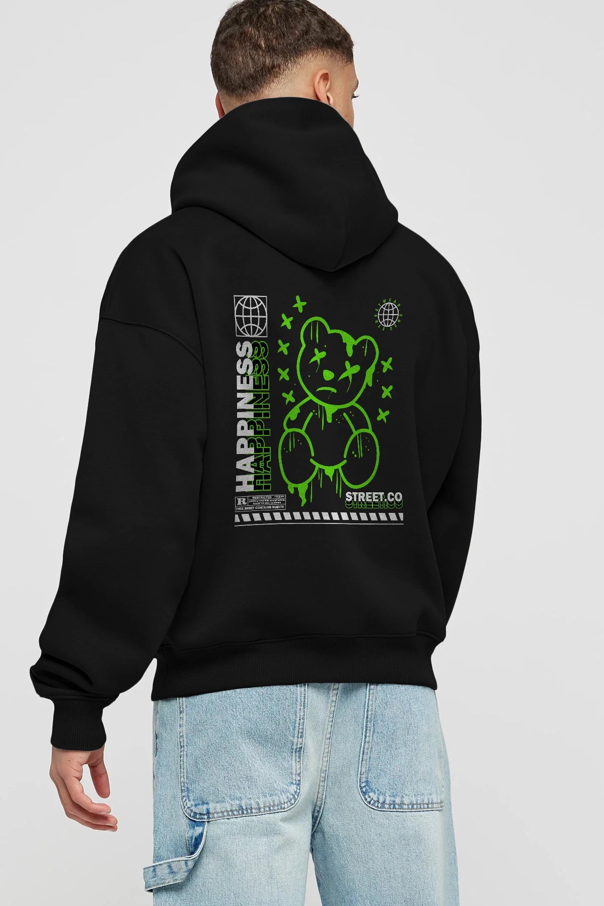 Happiness Bear 3 Arka Baskılı Hoodie Oversize Kapüşonlu Sweatshirt Erkek Kadın Unisex