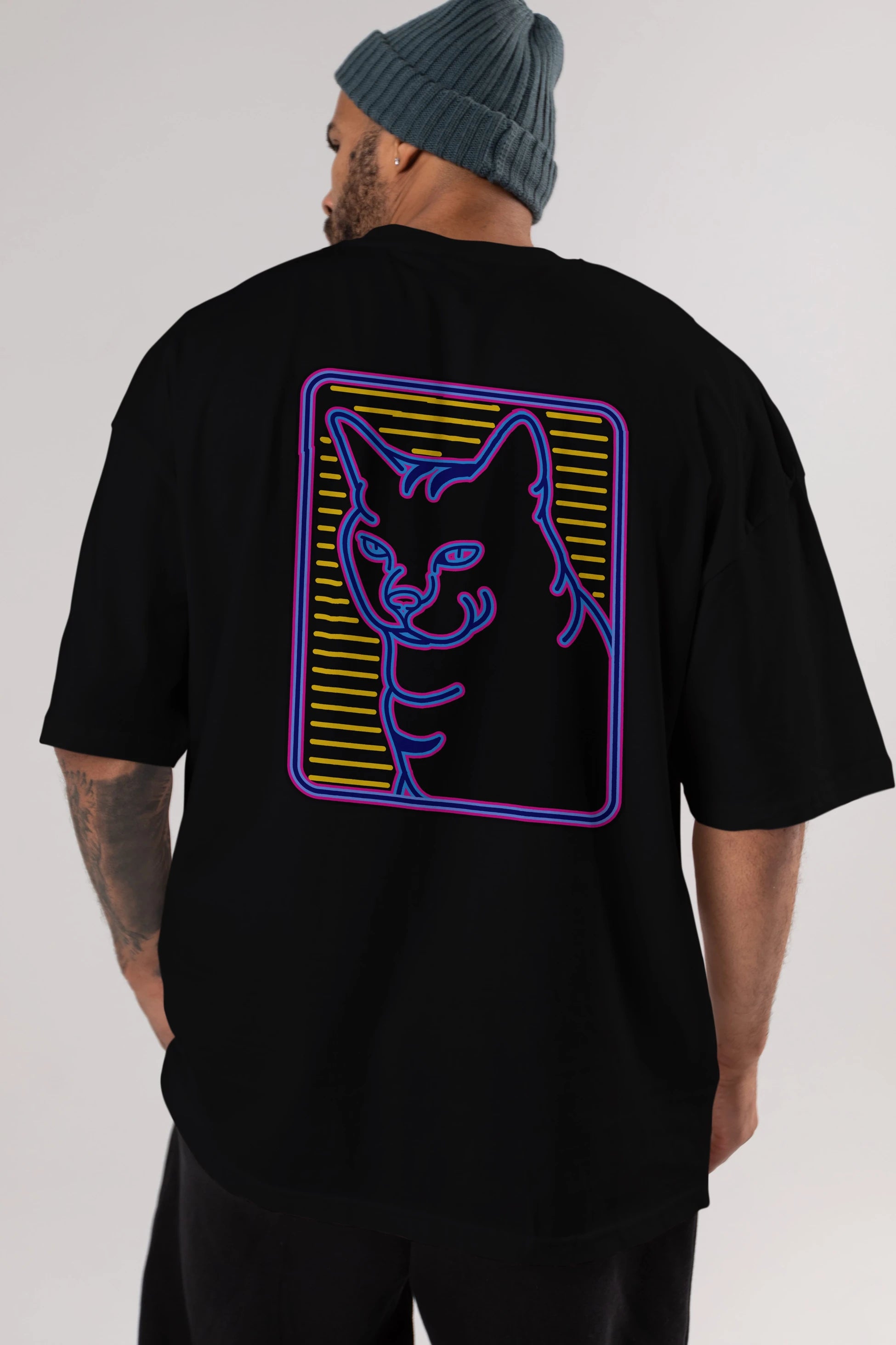 Neon Cat Arka Baskılı Oversize t-shirt Erkek Kadın Unisex