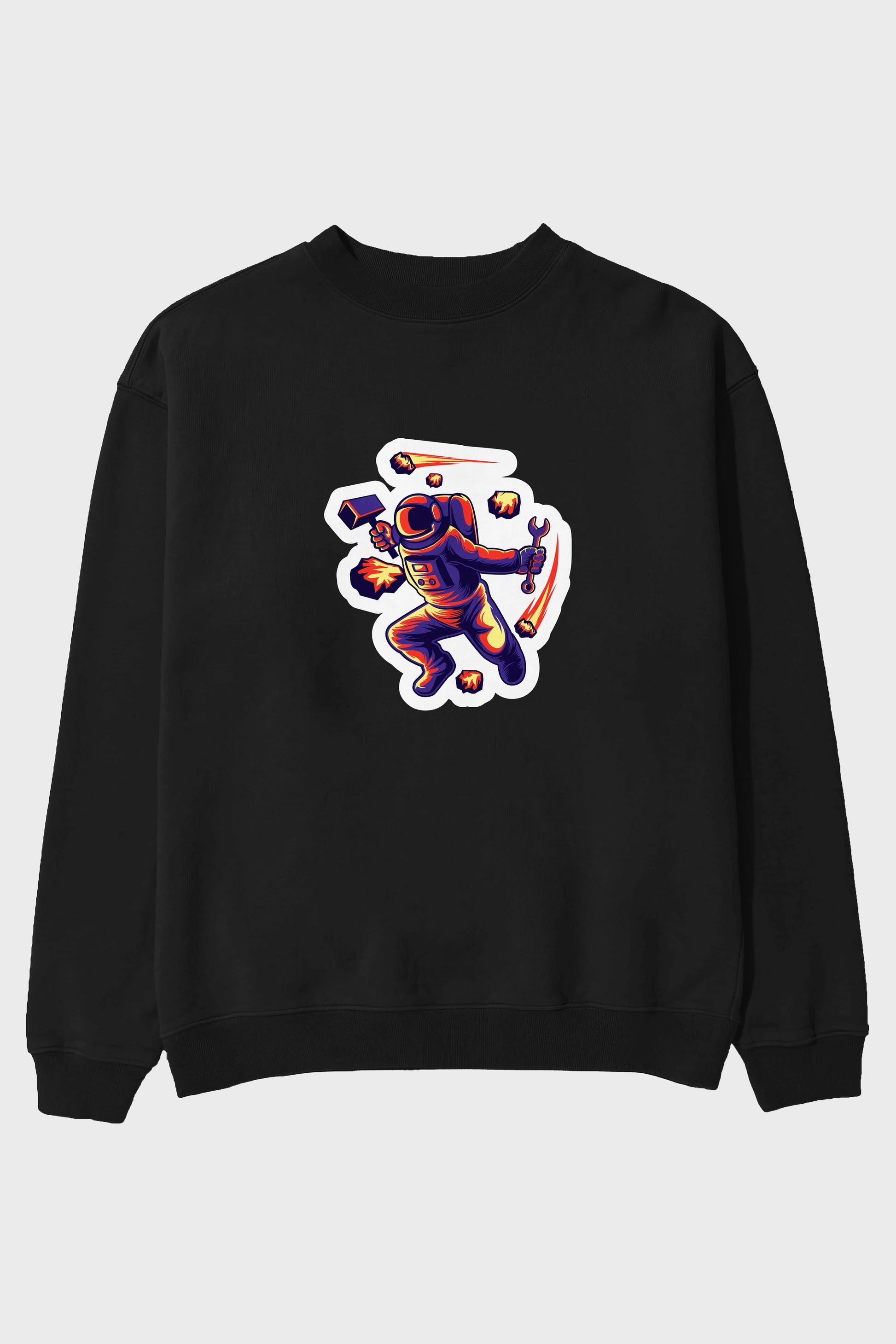Astronaut Block Meteor Sticker Ön Baskılı Oversize Sweatshirt Erkek Kadın Unisex