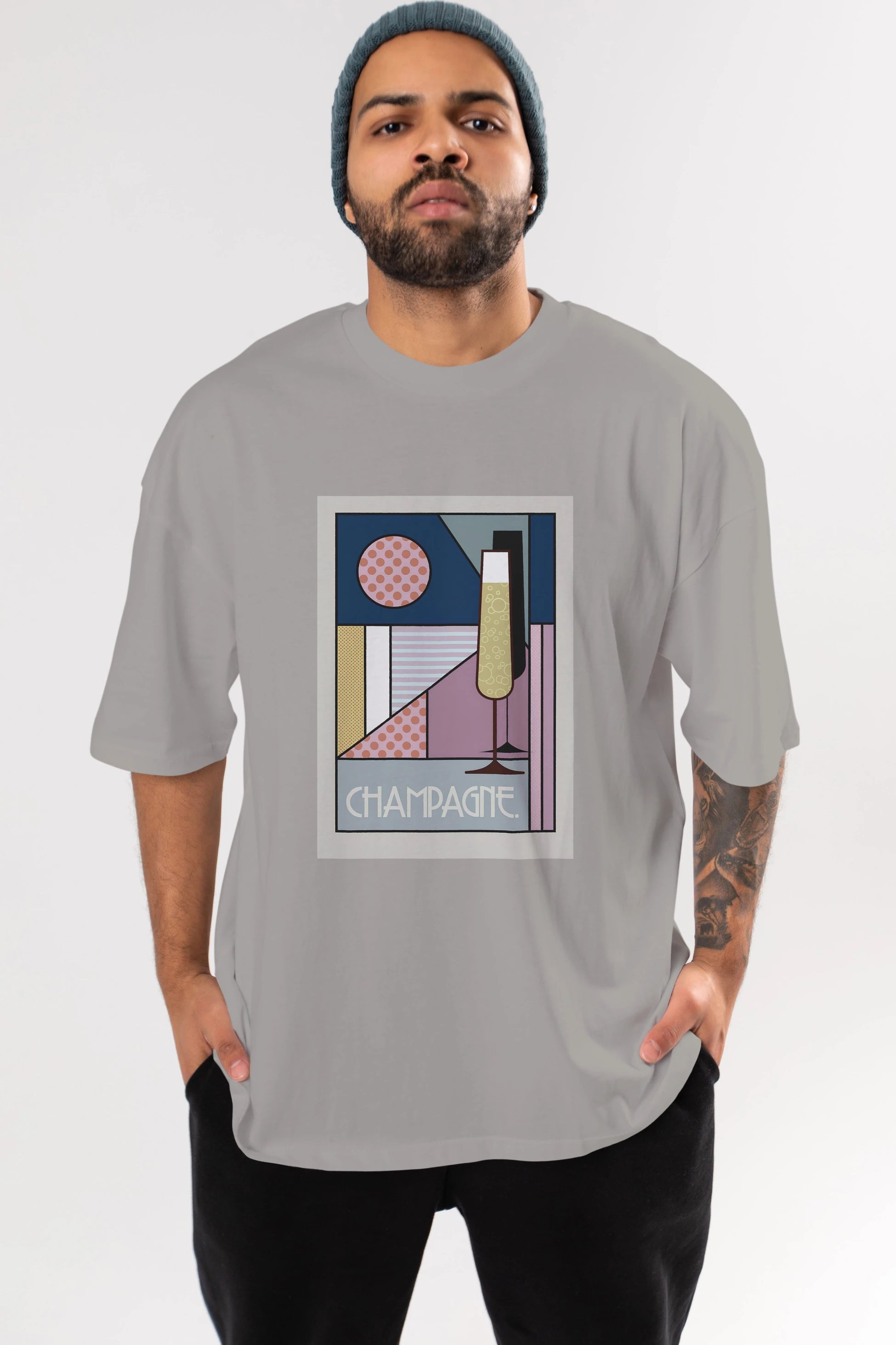 Champagne Ön Baskılı Oversize t-shirt Erkek Kadın Unisex %100 Pamuk Bisiklet Yaka tişort