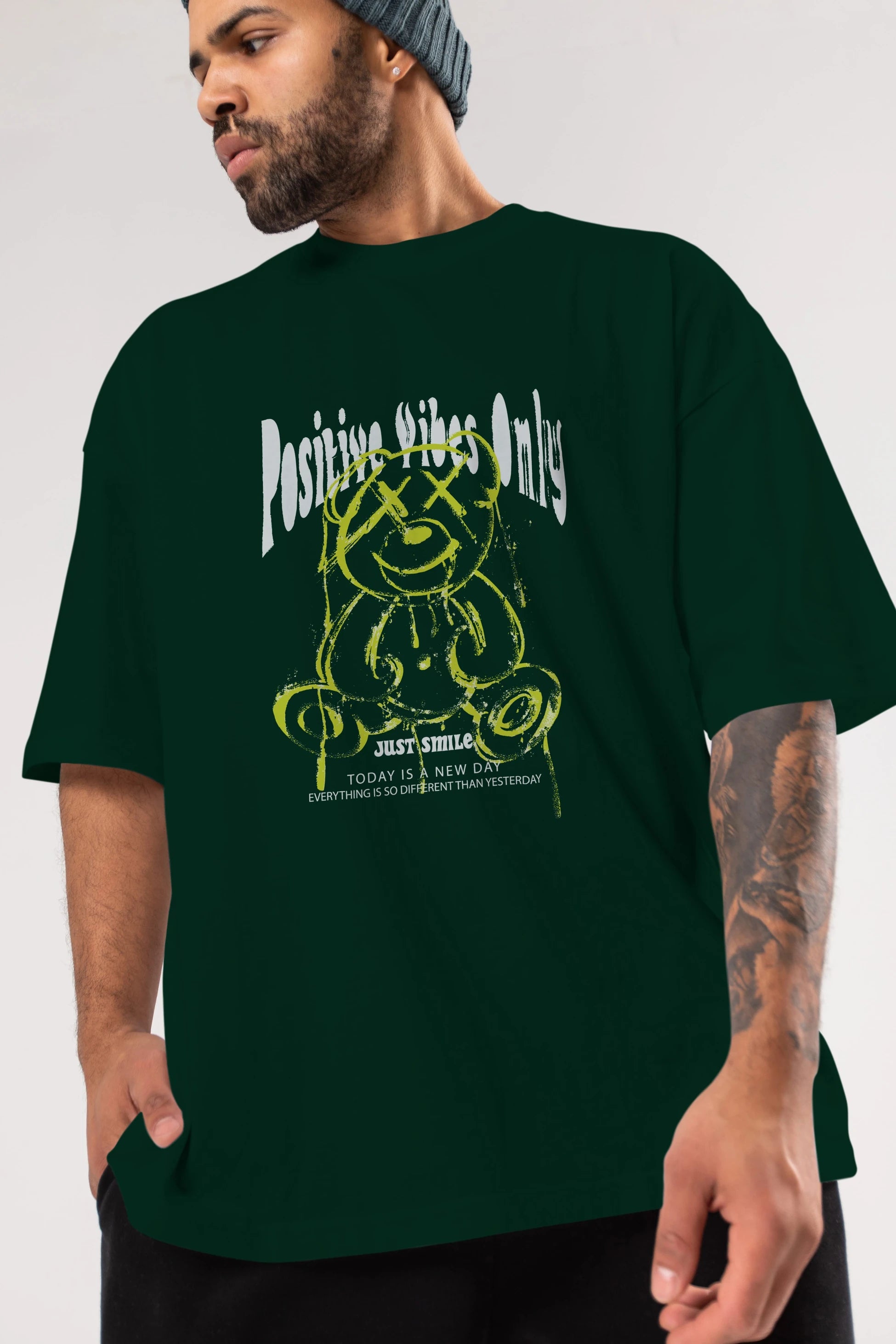 Positive Vibes Only Bear Ön Baskılı Oversize t-shirt Erkek Kadın Unisex