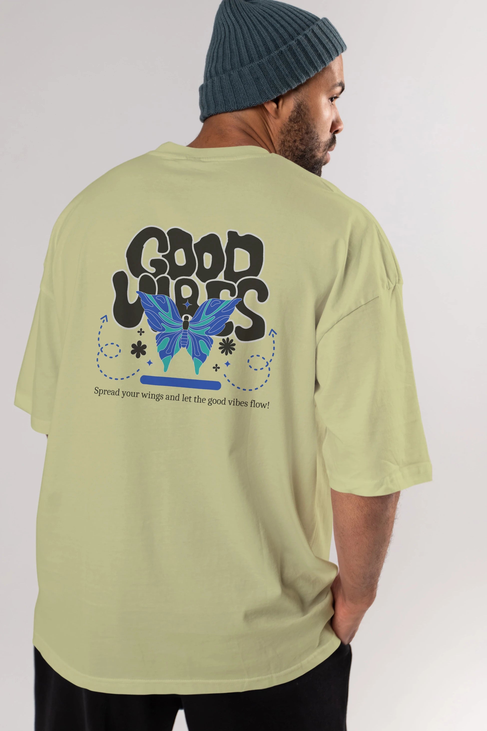 Good Vibes Yazılı 4 Arka Baskılı Oversize t-shirt Erkek Kadın Unisex