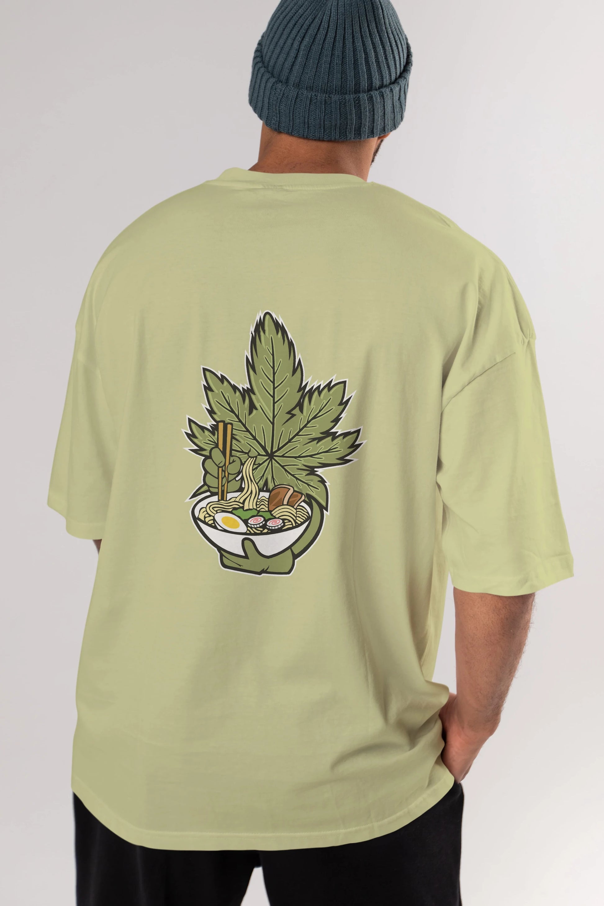 Weed Ramen Arka Baskılı Oversize t-shirt Erkek Kadın Unisex %100 Pamuk tişort