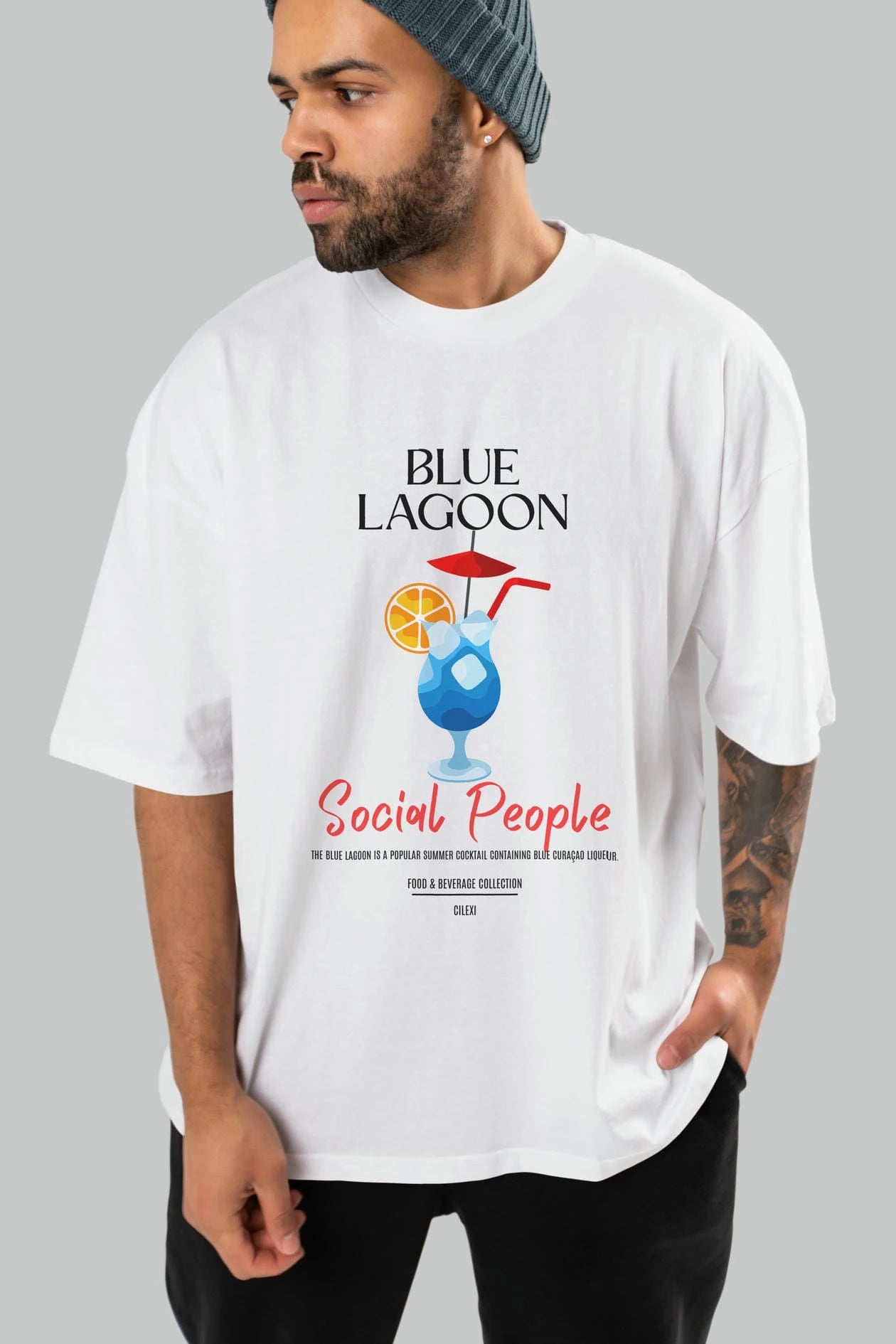 Blue Lagoon Kokteyl Serisi ön Baskılı Oversize t-shirt Erkek Kadın %100 Pamuk Bisiklet Yaka tişort