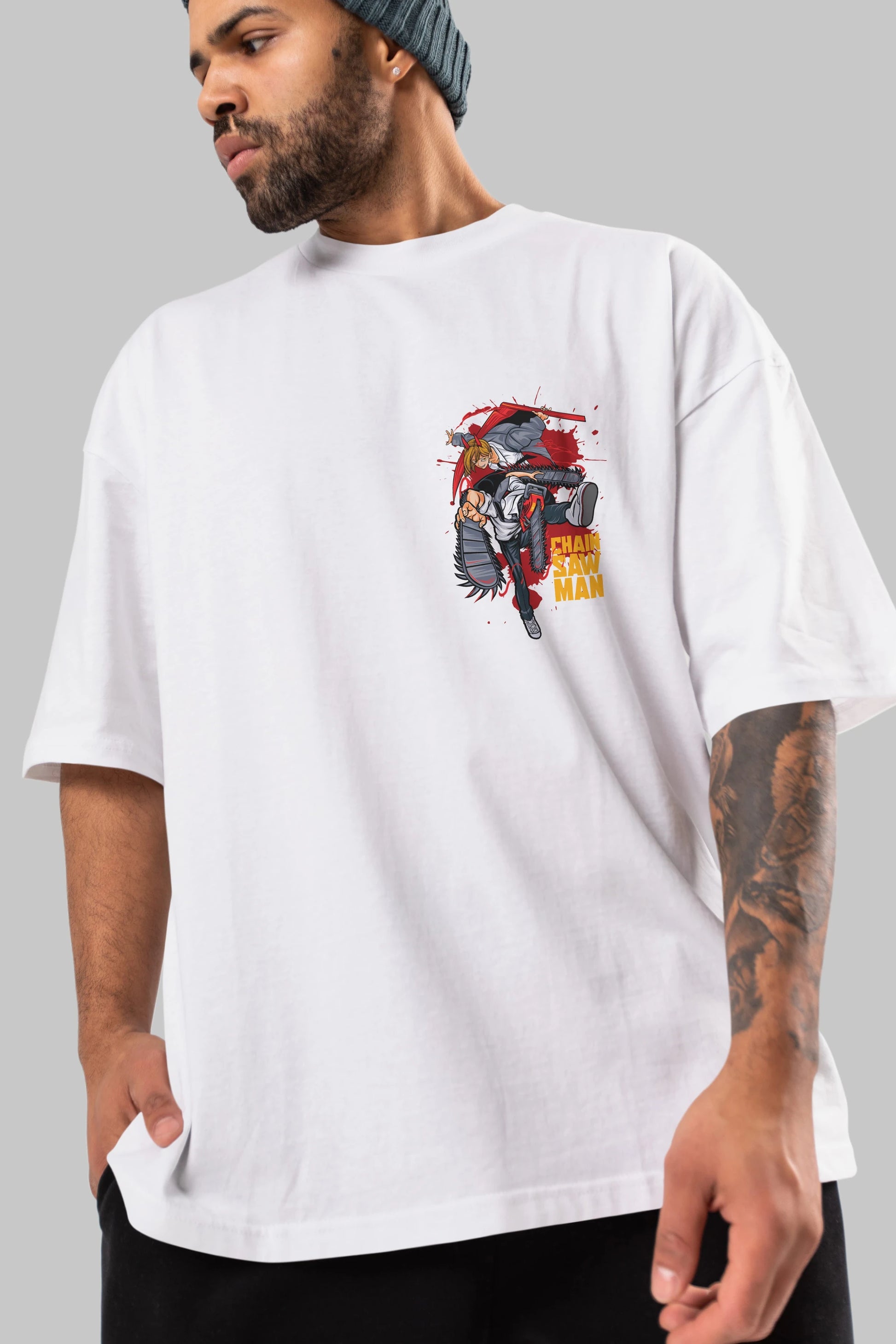 DENJI and POWER Ön Sol Baskılı Oversize t-shirt Erkek Kadın Unisex %100 Pamuk Bisiklet Yaka tişort