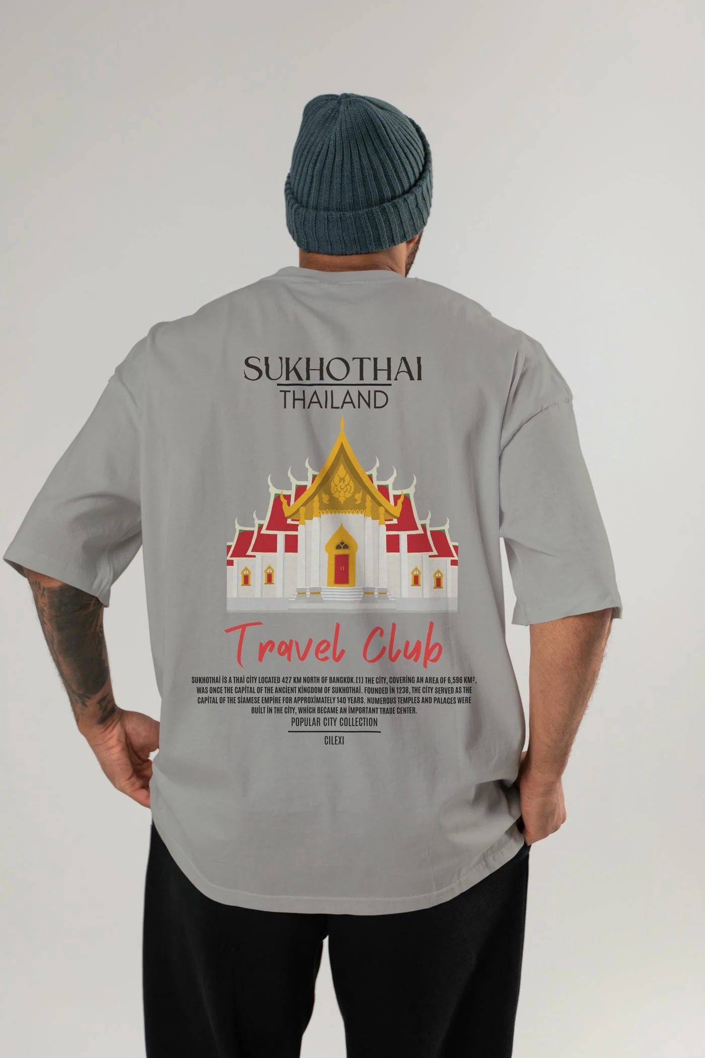 Sukhothai Thailand Arka Baskılı Oversize t-shirt Erkek Kadın Pamuk Bisiklet Yaka tişort