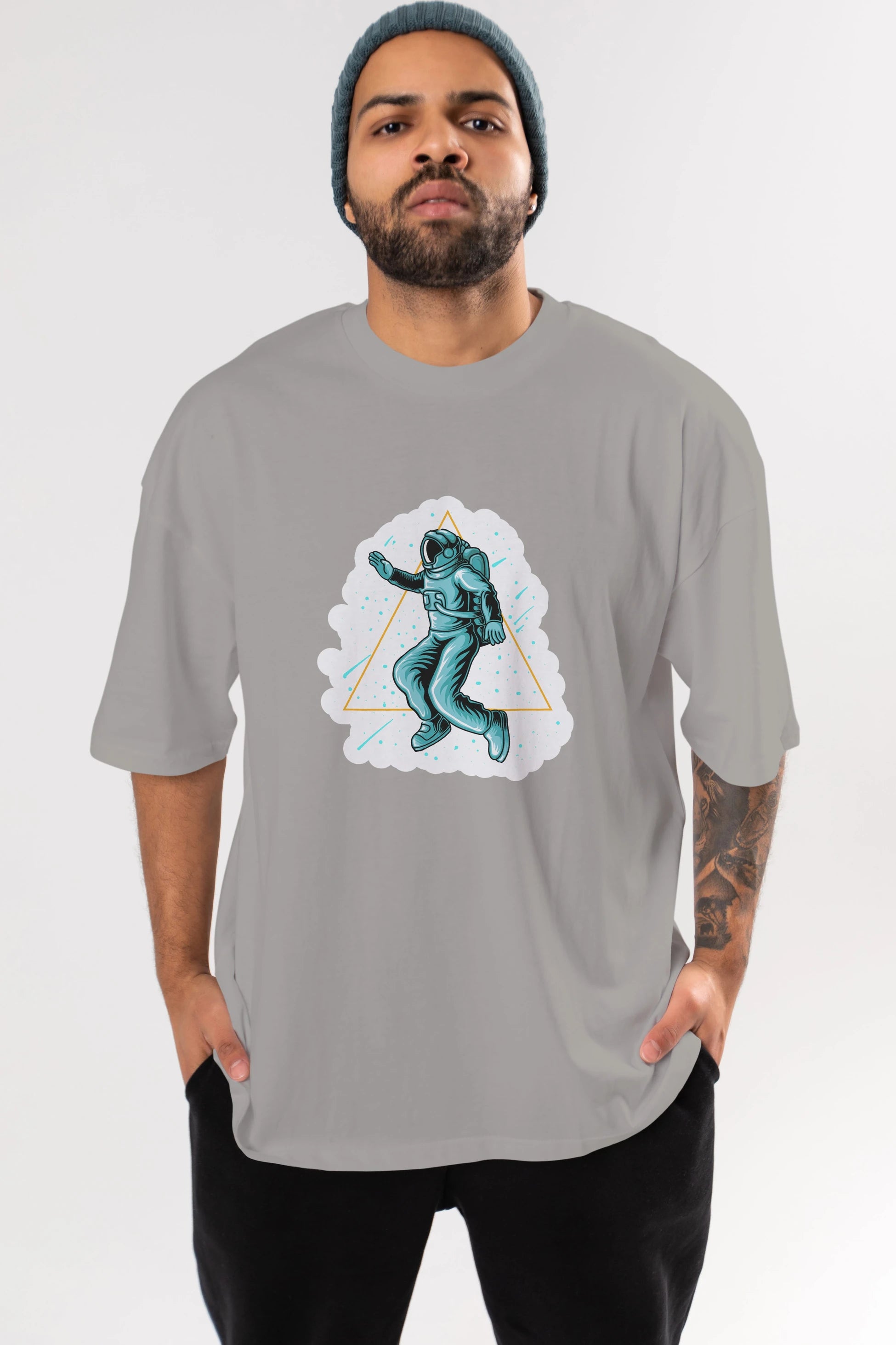 Astronaut Starry Triangle Sticker Ön Baskılı Oversize t-shirt Erkek Kadın Unisex