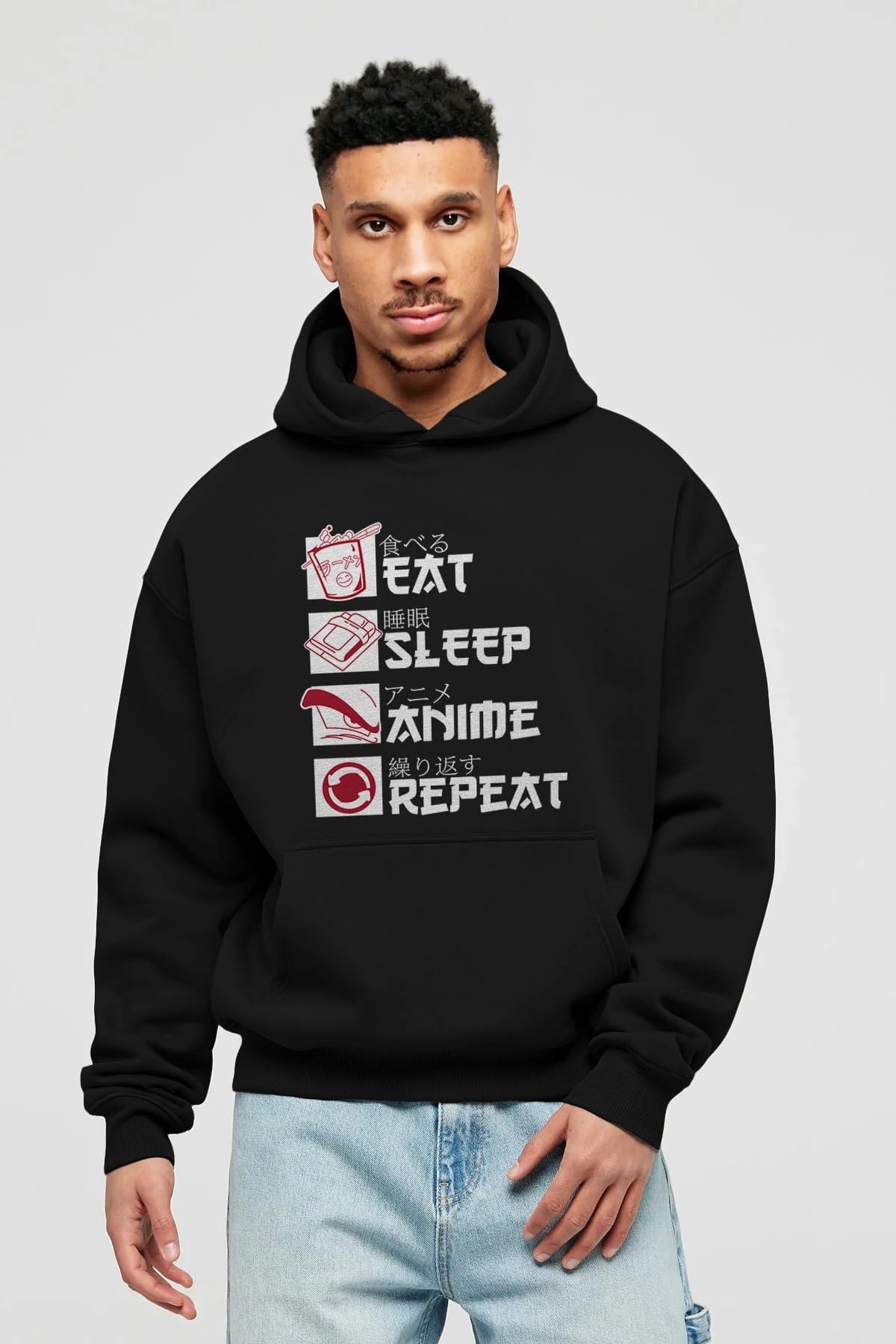 Eat, Sleep, Anime, Repeat Anime Ön Baskılı Hoodie Oversize Kapüşonlu Sweatshirt Erkek Kadın Unisex