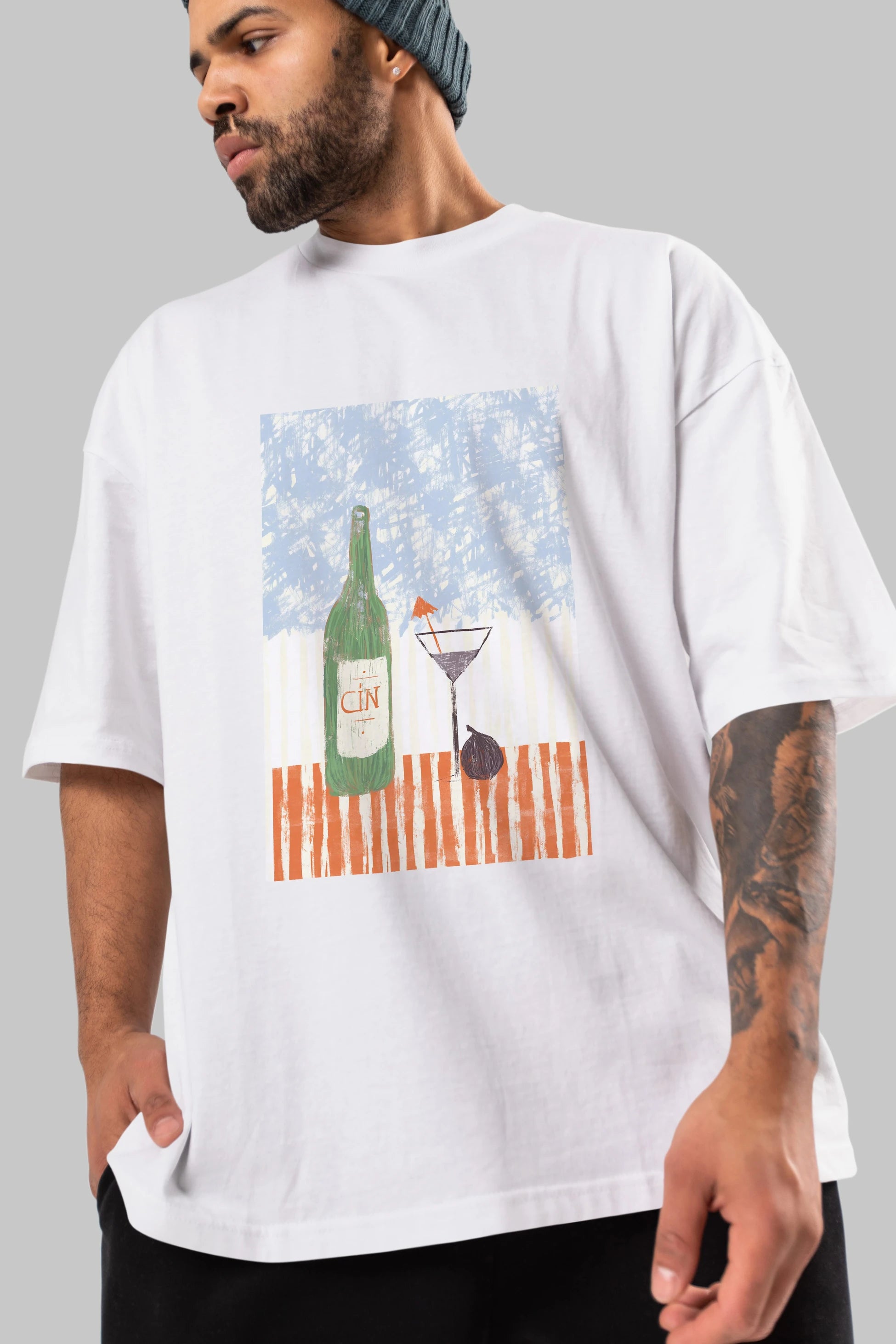 Gin Ön Baskılı Oversize t-shirt Erkek Kadın Unisex %100 Pamuk Bisiklet Yaka tişort