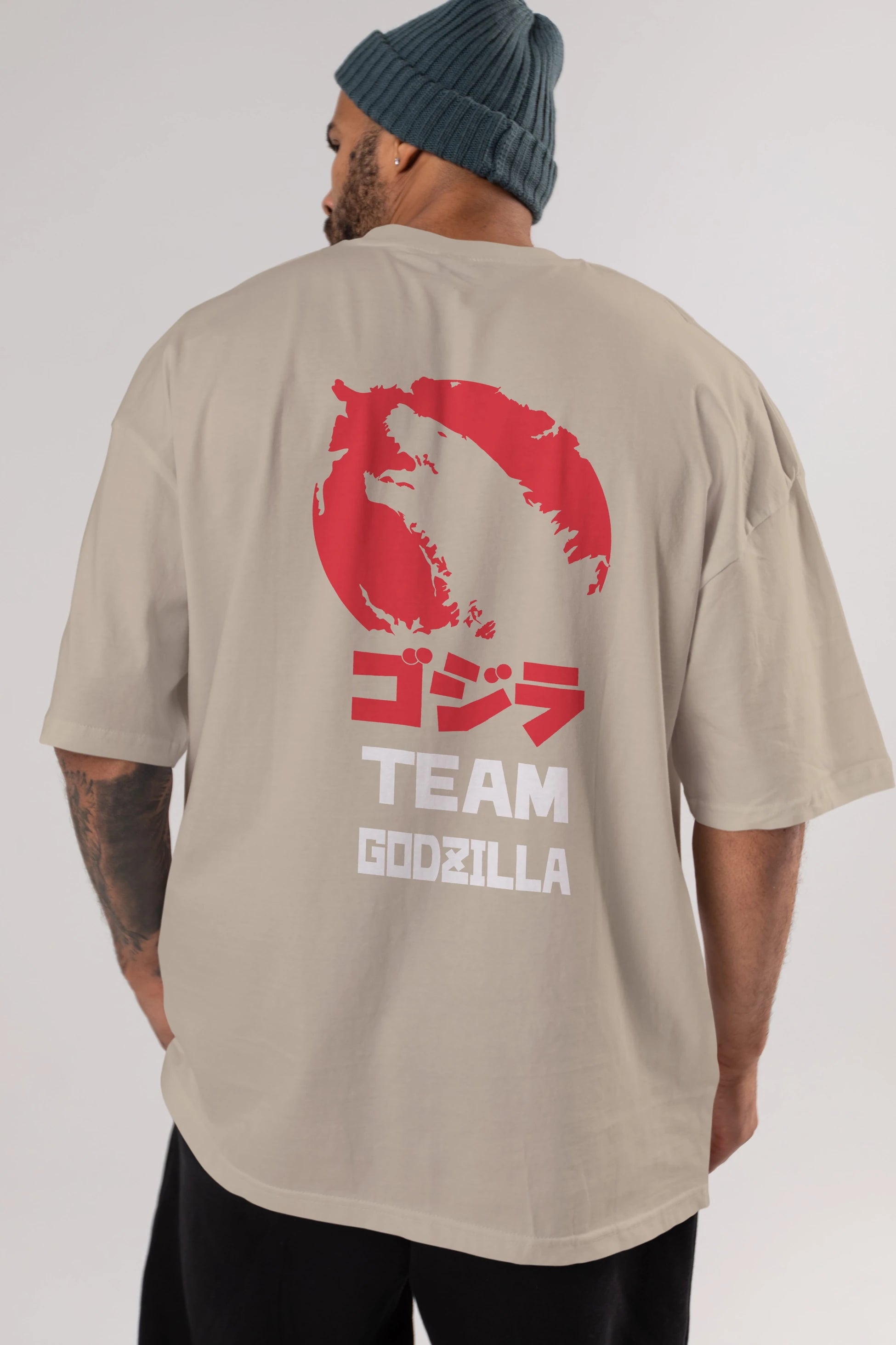 Team Godzilla Arka Baskılı Oversize t-shirt Erkek Kadın Unisex %100 Pamuk Bisiklet Yaka tişort