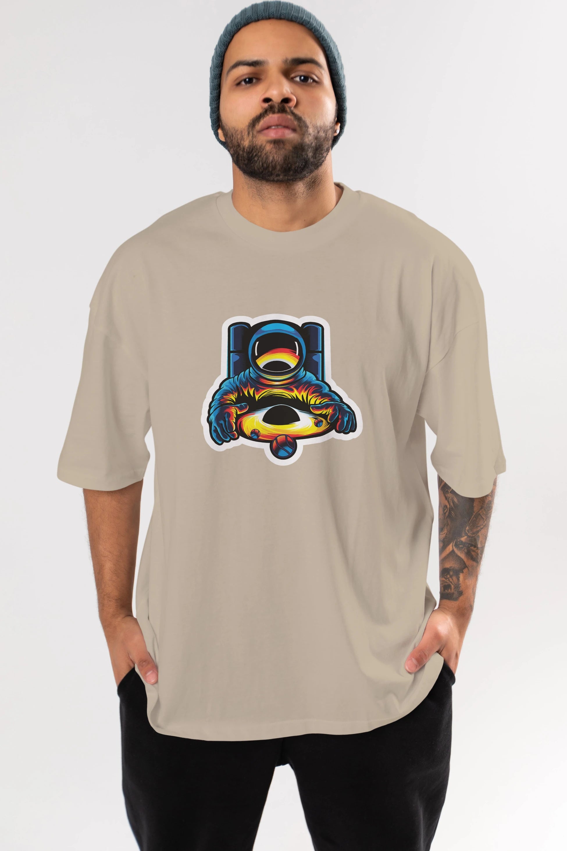 Astronaut & Black Hole Sticker Ön Baskılı Oversize t-shirt Erkek Kadın Unisex