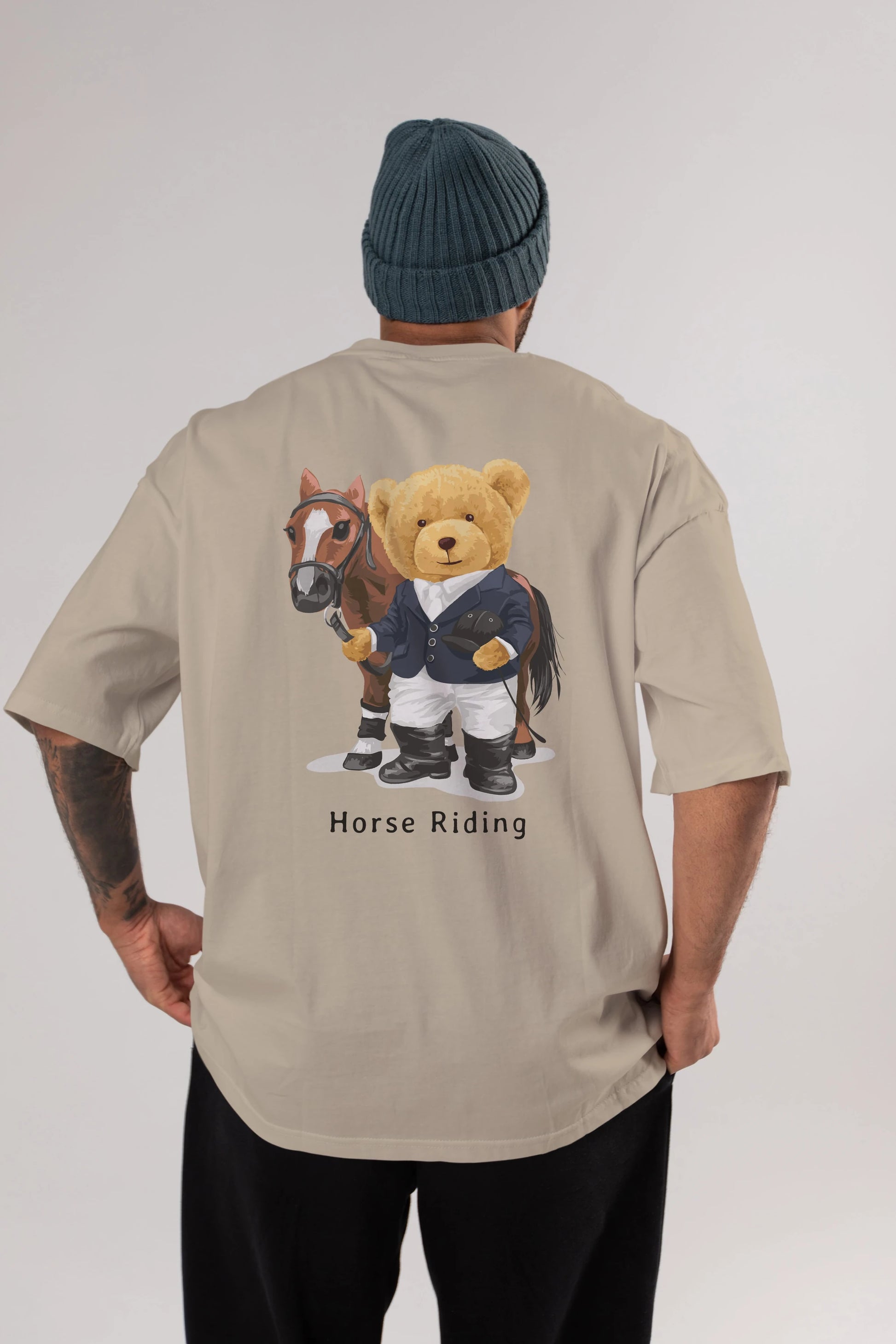 Teddy Bear Horse Riding Arka Baskılı Oversize t-shirt Erkek Kadın Unisex %100 Pamuk