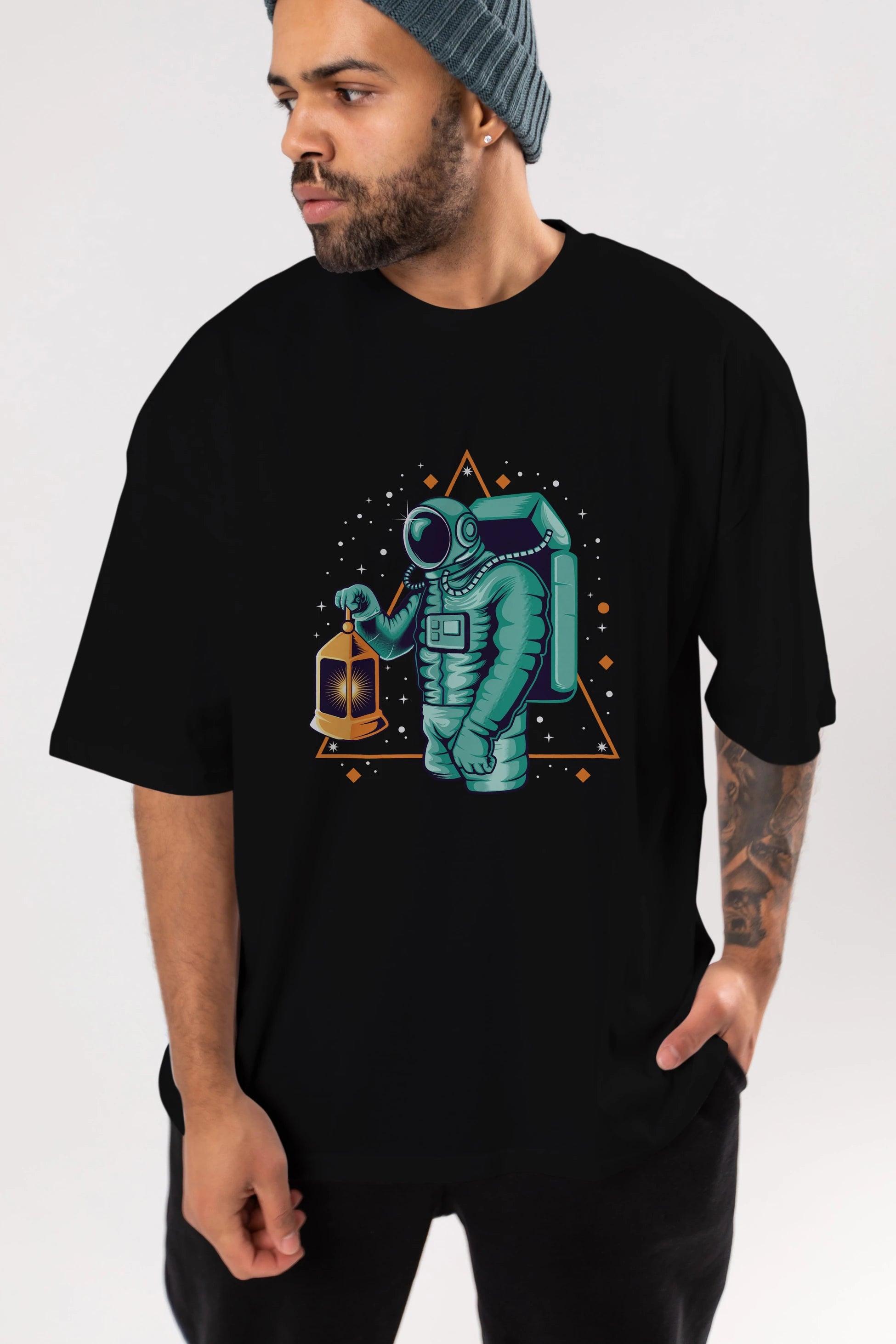 Astronaut Lantern Ön Baskılı Oversize t-shirt Erkek Kadın Unisex